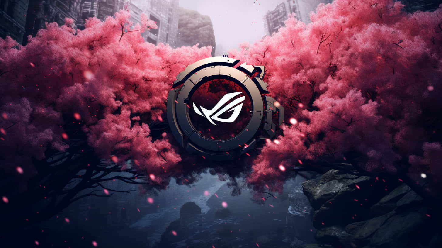 ROG logo, pink smoke, dark futuristic cityscape, HD Desktop Wallpaper