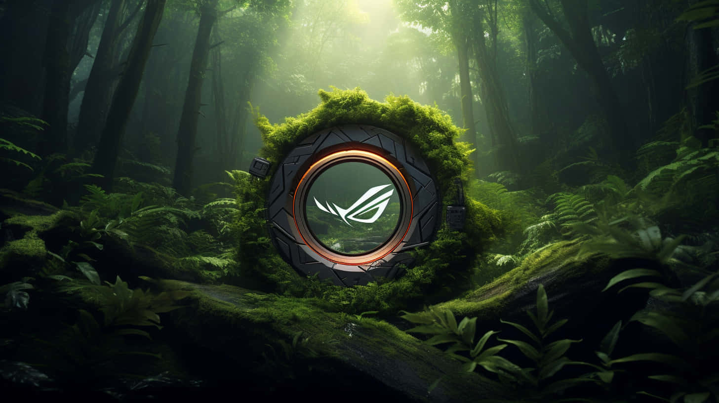 ROG logo, mossy circular frame, misty enchanted forest, HD Desktop Wallpaper