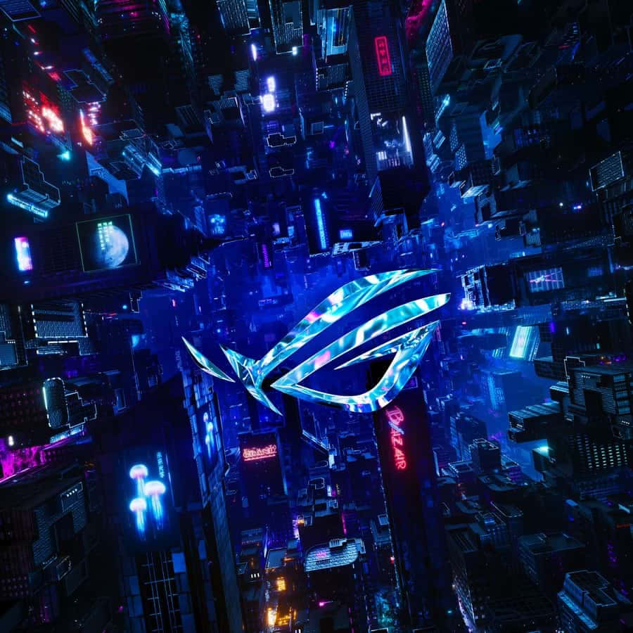 ROG logo, neon-lit cyberpunk cityscape, towering skyscrapers, SD Desktop Wallpaper