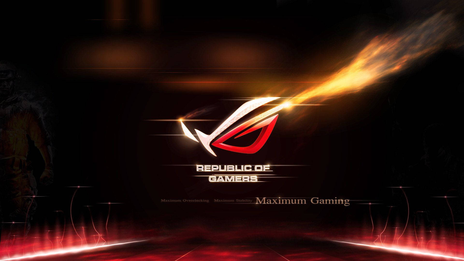 ROG logo, fiery orange streaks, red neon lights, Full HD Desktop Wallpaper
