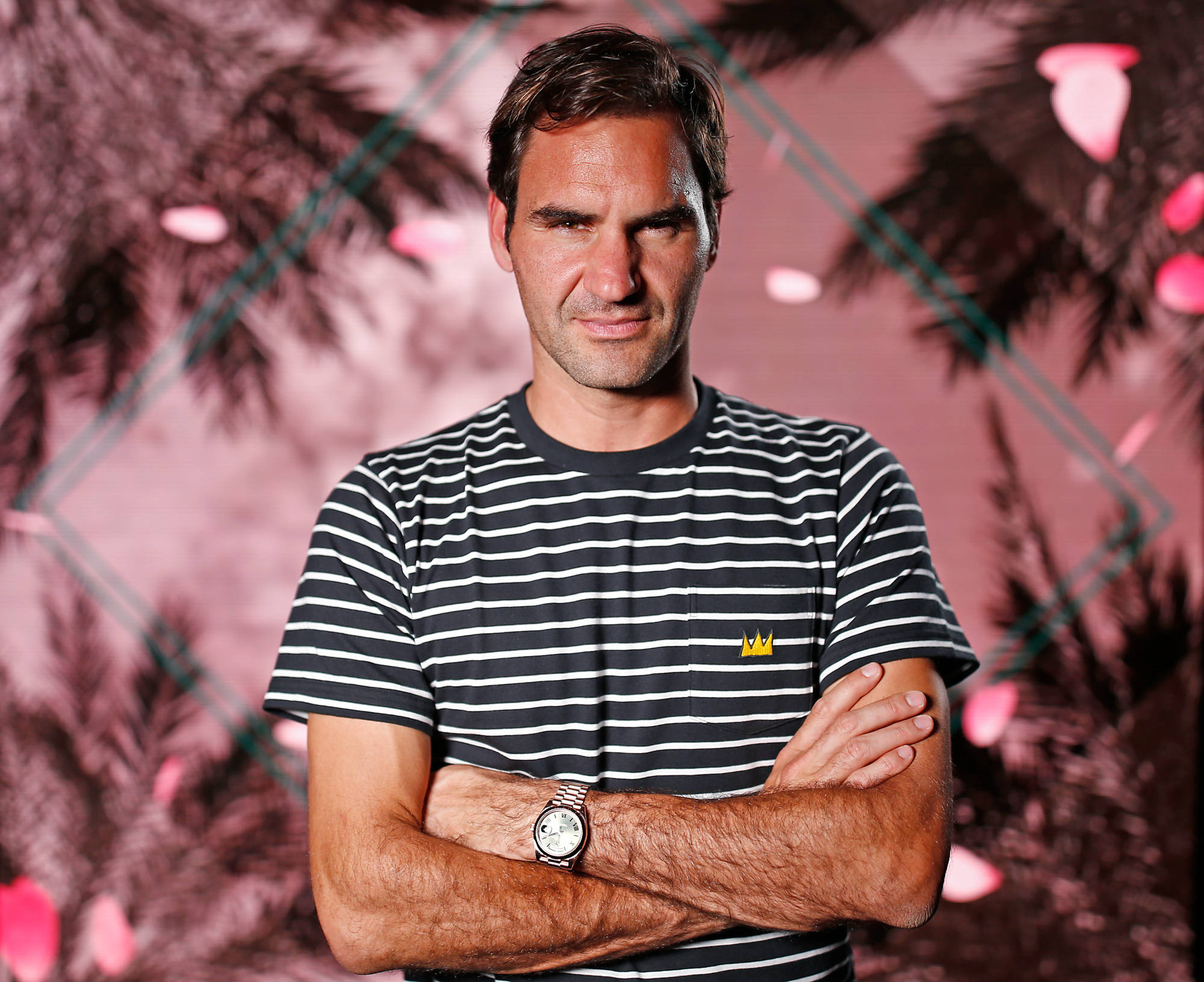 Roger Federer, pink palm leaf backdrop, floating petals, Full HD Desktop Wallpaper