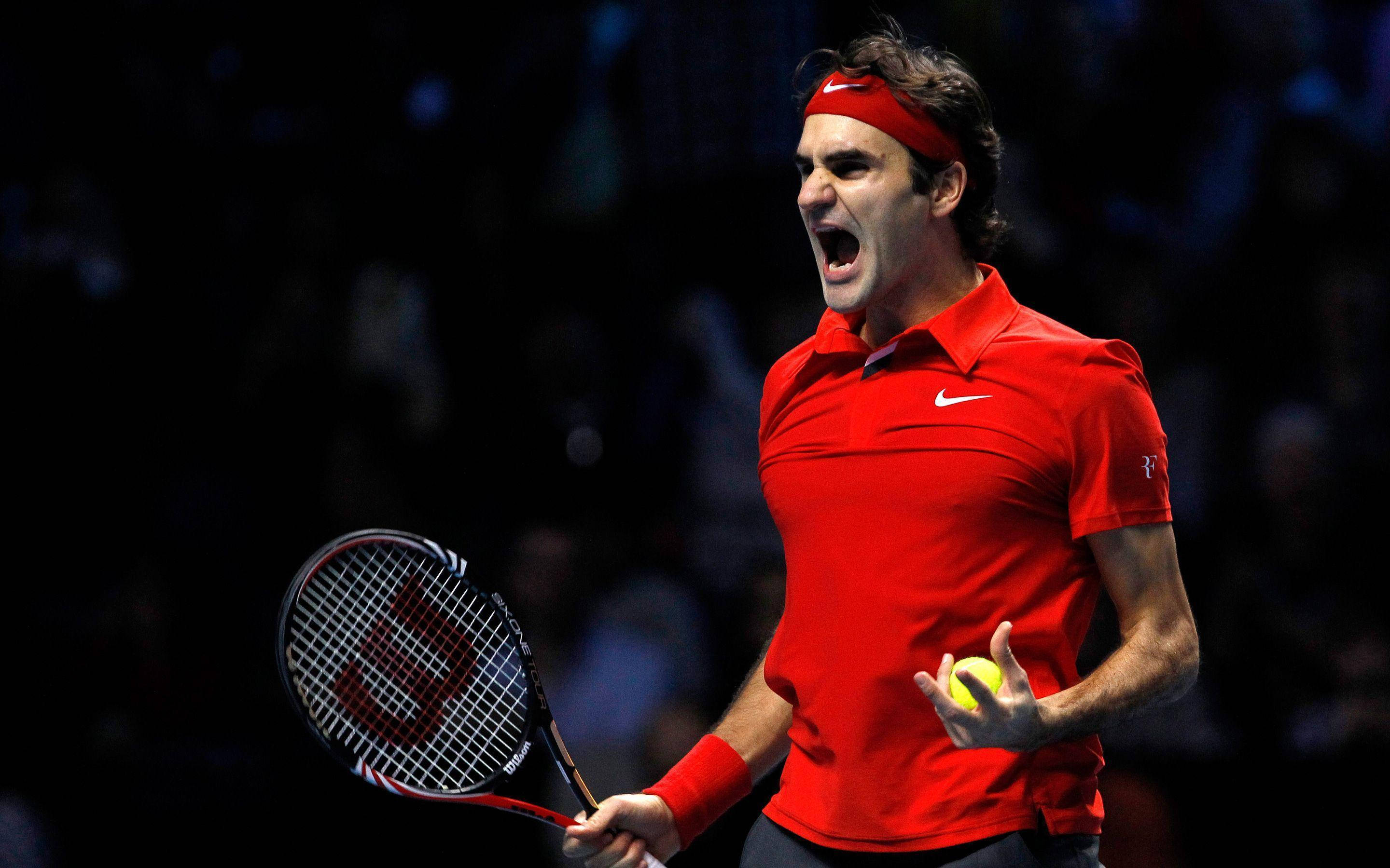 Roger Federer, red shirt, headband, 2K Desktop Wallpaper