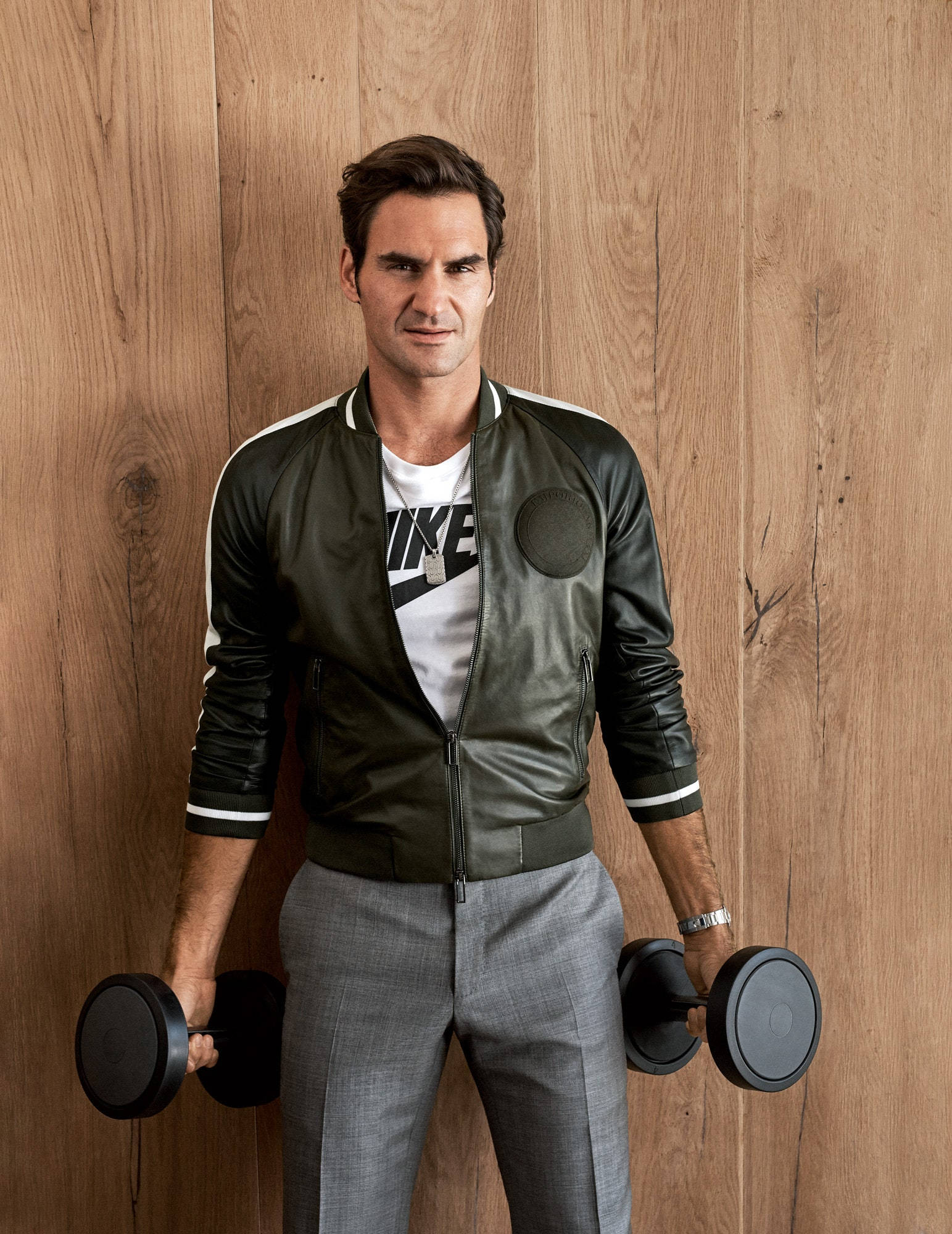 Roger Federer, green leather jacket, dumbbells, Full HD Phone Wallpaper