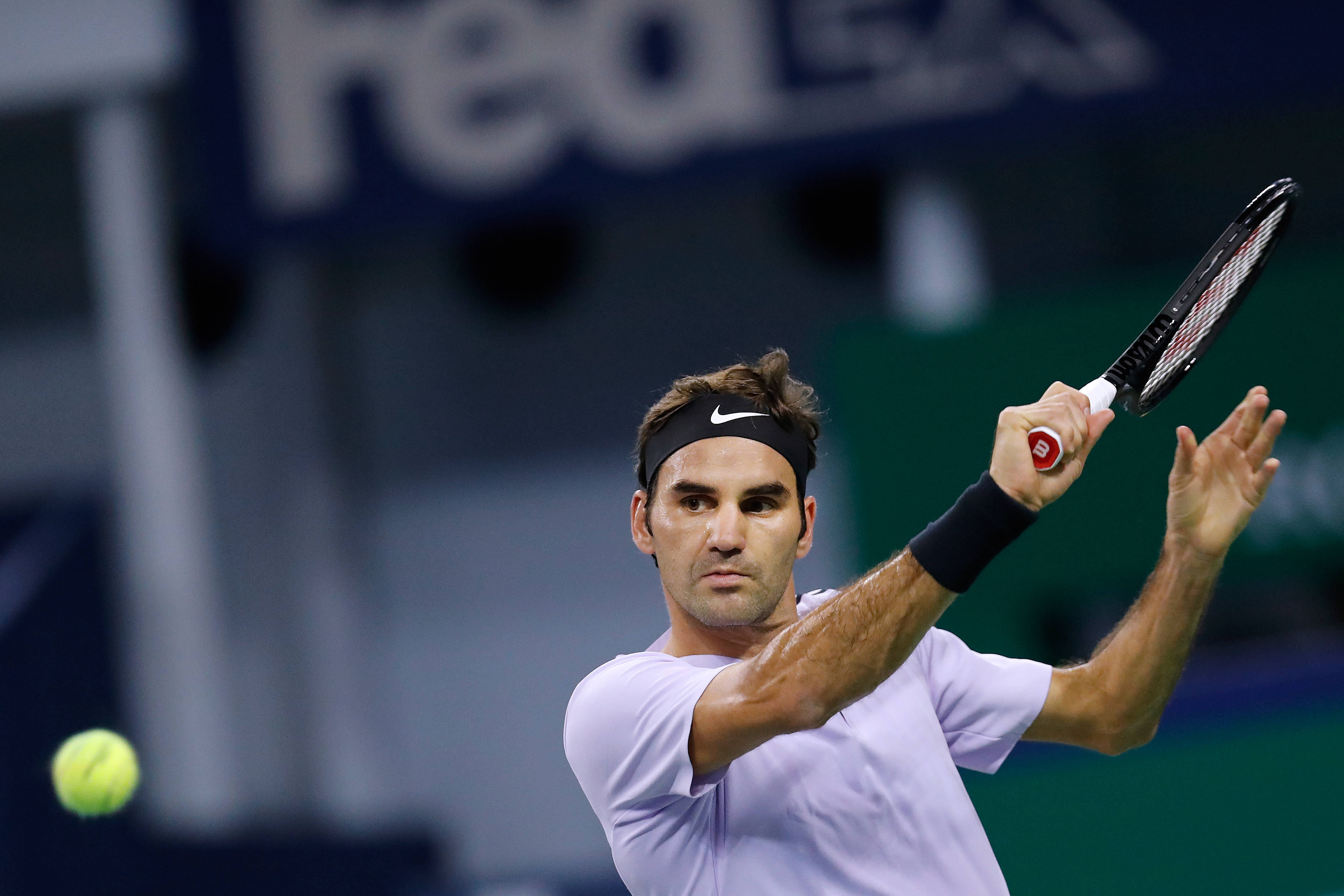 Roger Federer, racket swing, yellow ball, 4K Desktop Wallpaper
