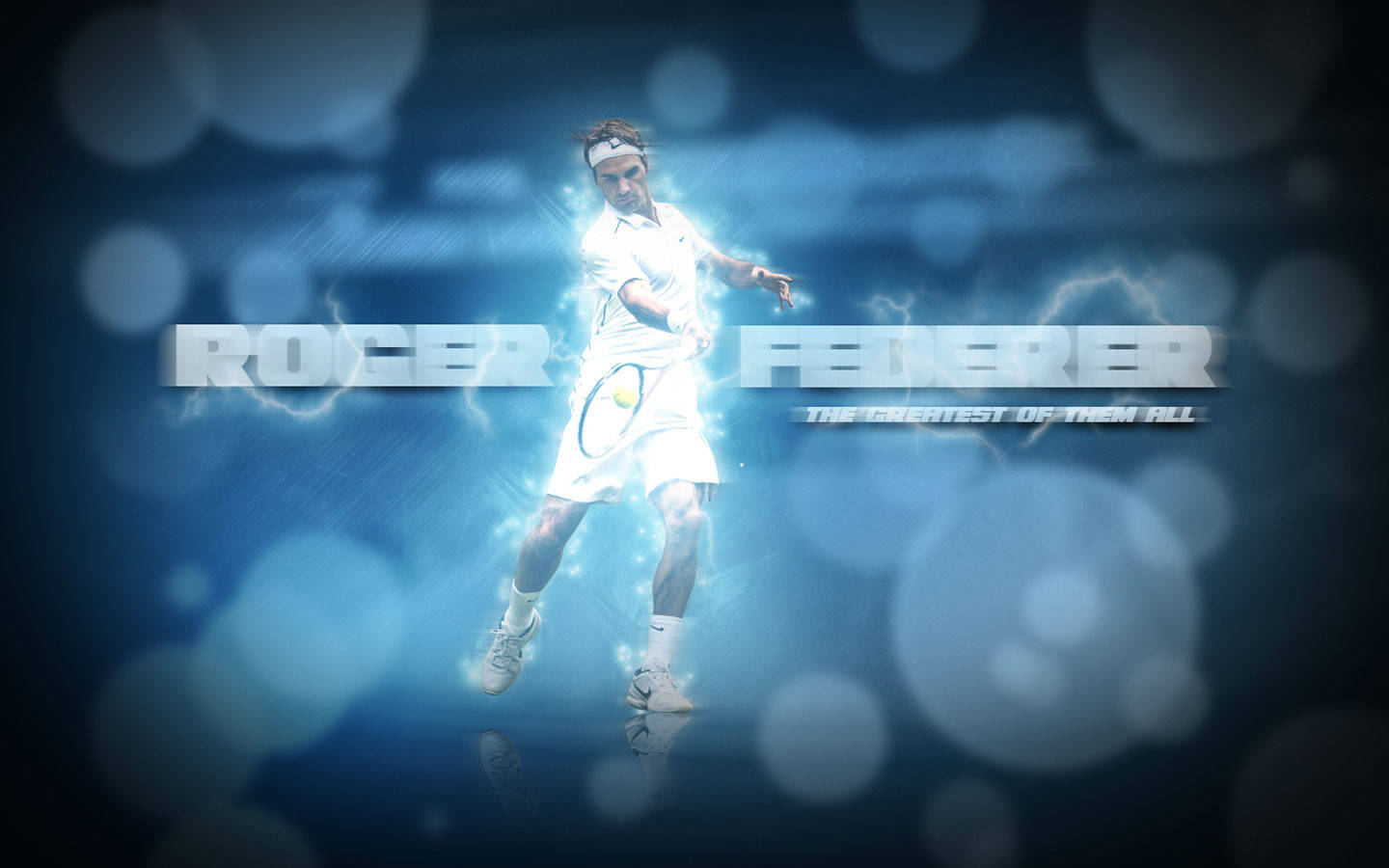 Roger Federer, white tennis gear, electric blue lightning effects, HD Desktop Wallpaper