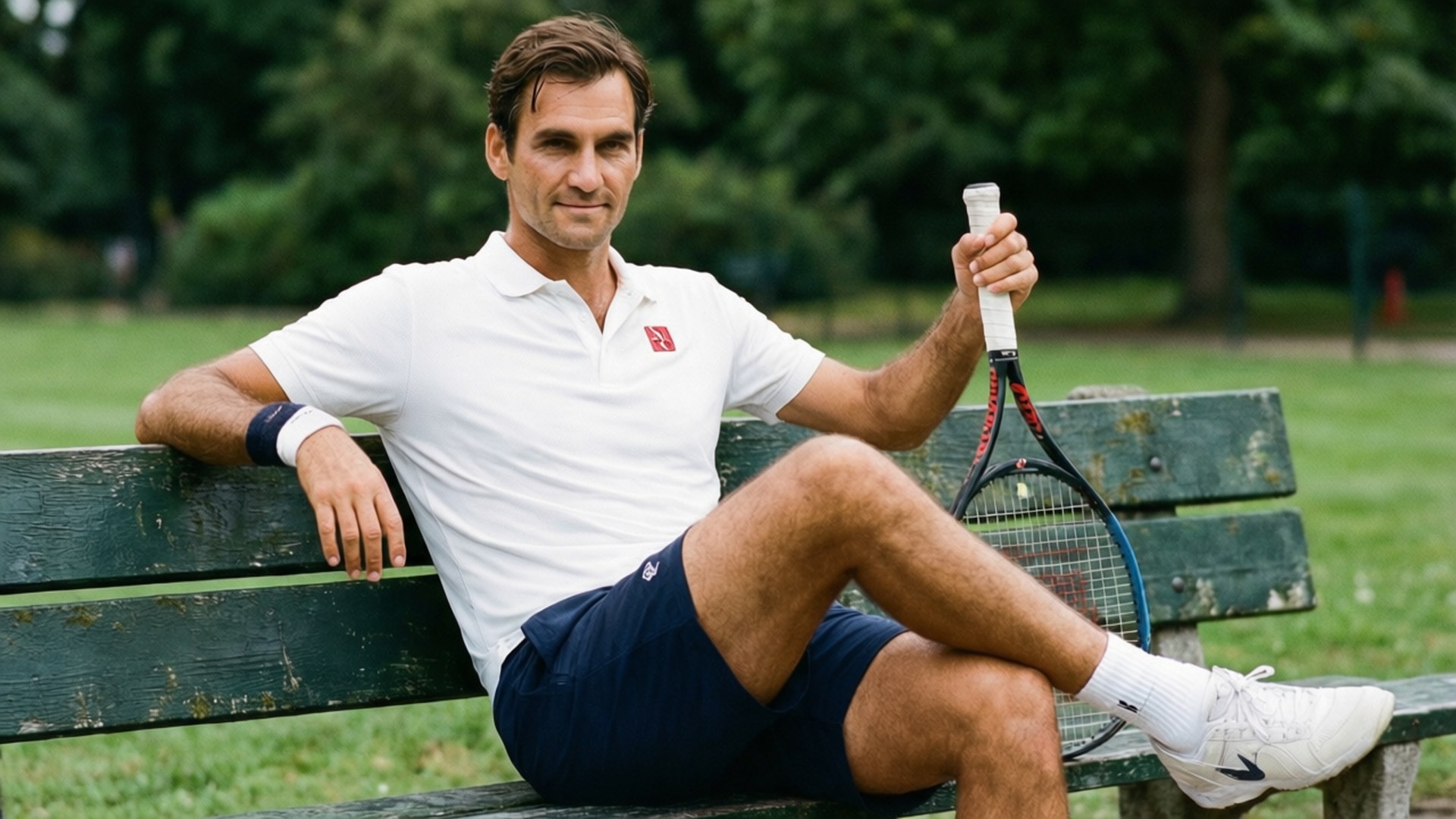 Roger Federer, weathered green park bench, tennis racket, Full HD Desktop Wallpaper