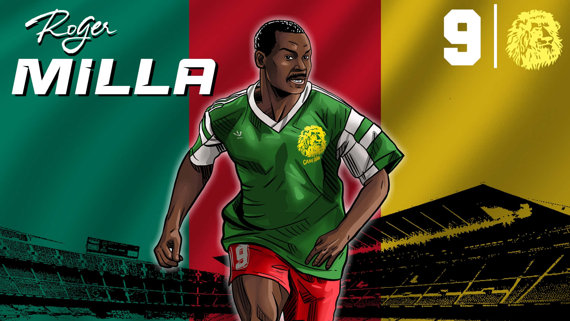 Roger Milla, green jersey, Cameroon flag colors, Full HD Desktop Wallpaper