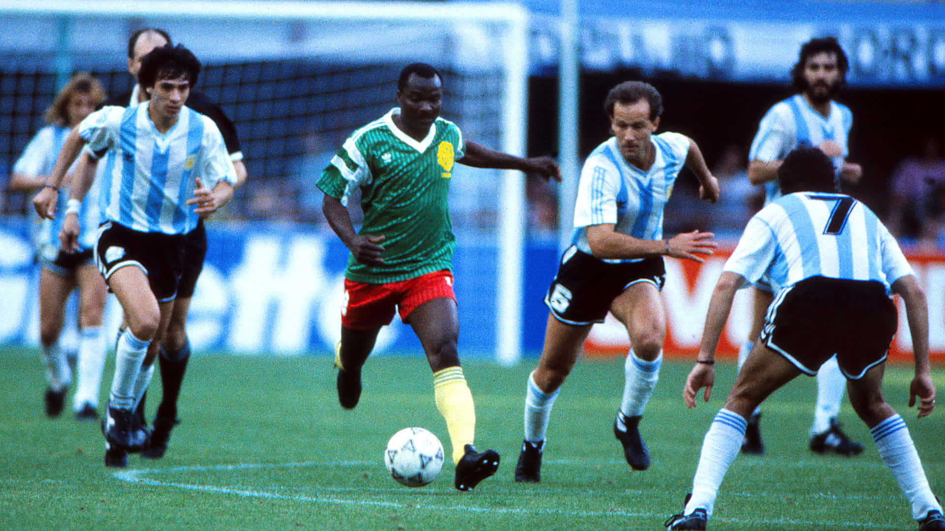 Roger Milla, green and red, blue and white striped jerseys, Full HD Desktop Wallpaper