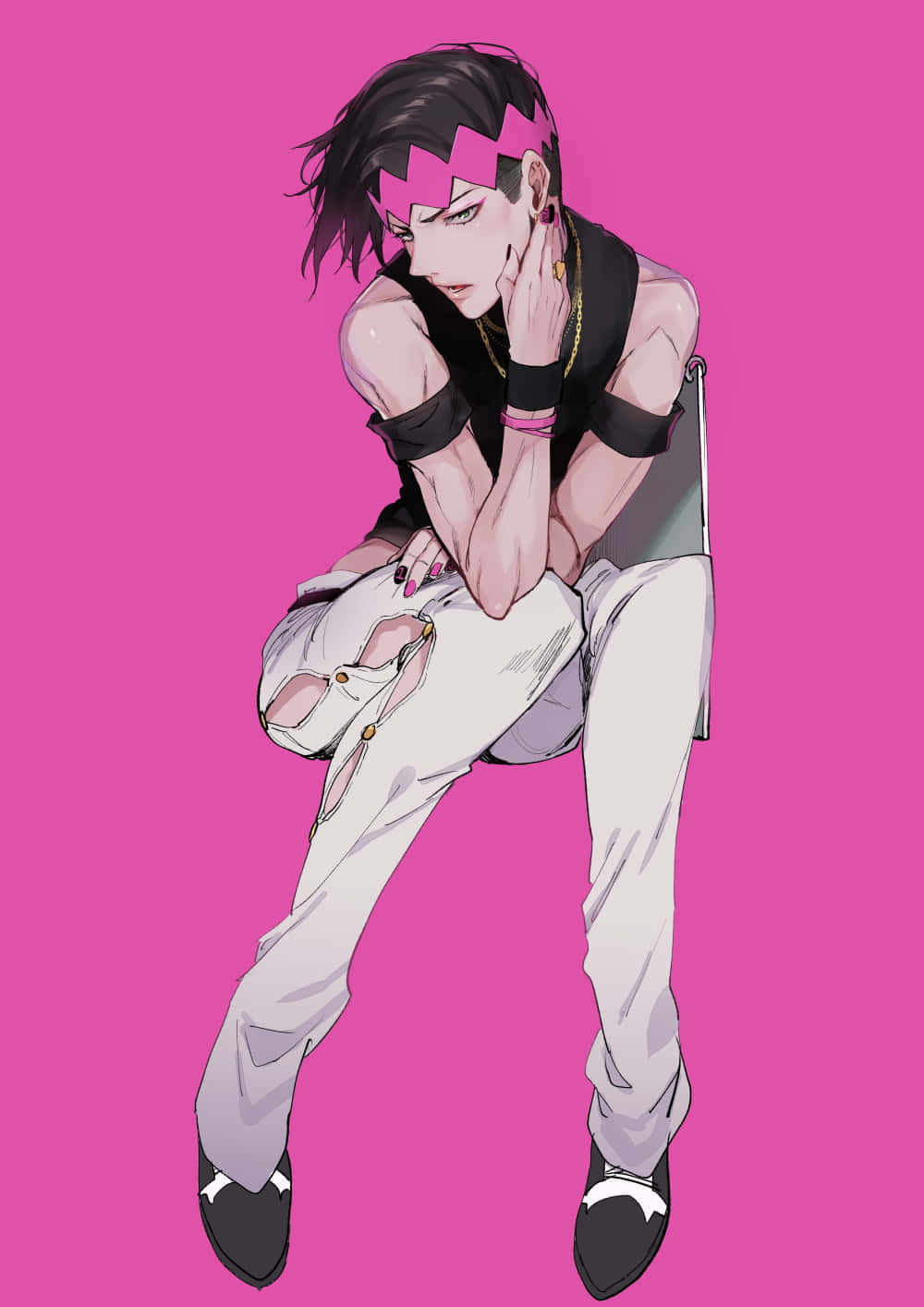 Rohan Kishibe, pink zigzag hair, vibrant pink background, HD Phone Wallpaper
