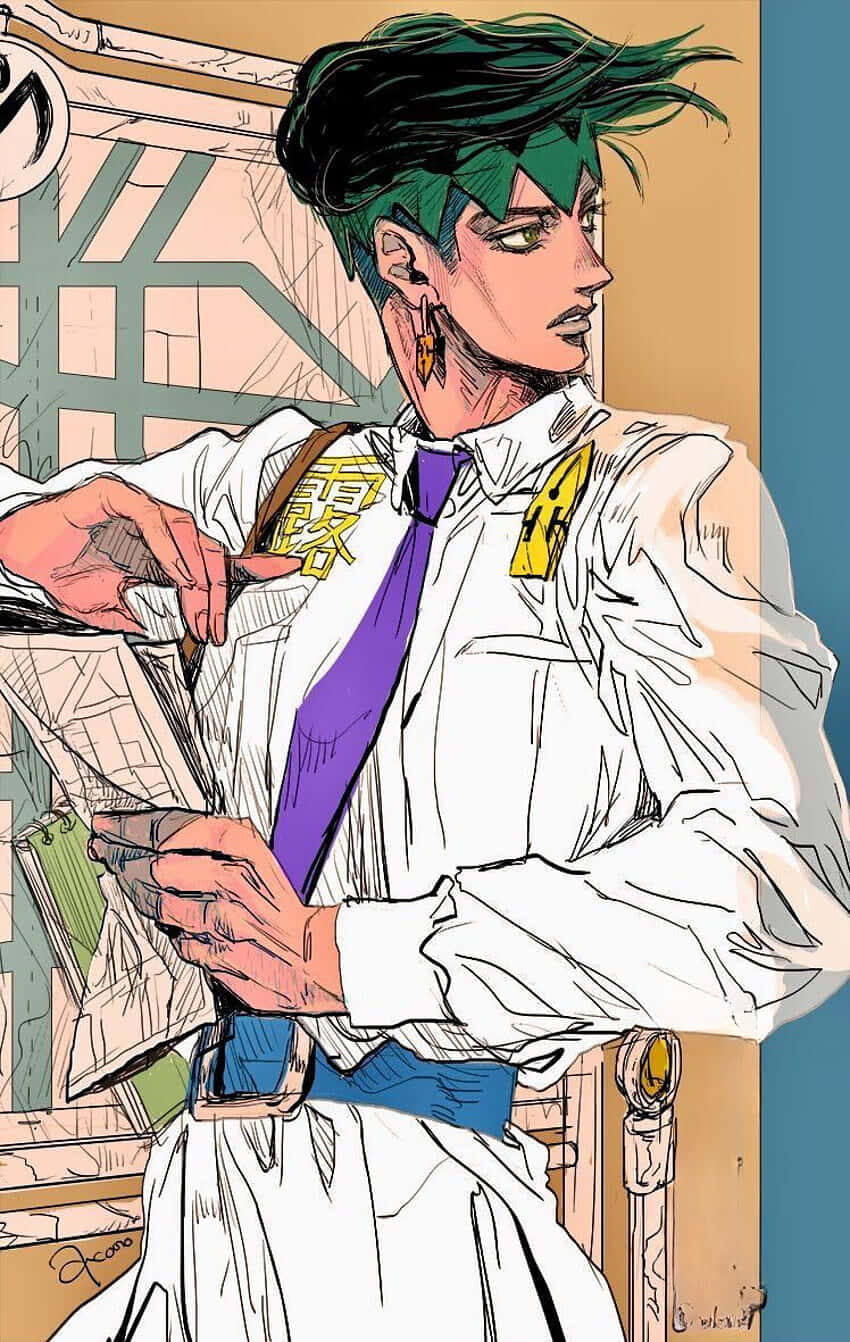 Rohan Kishibe, green hair, purple tie, HD Phone Wallpaper