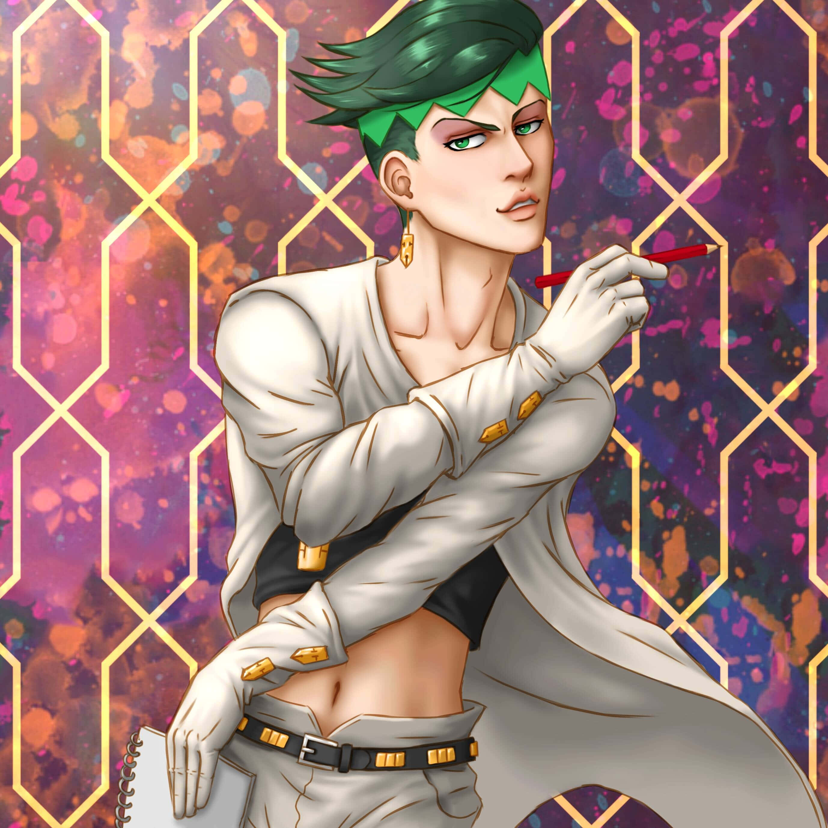 Rohan Kishibe, green hair, gold accessories, 2K Desktop Wallpaper
