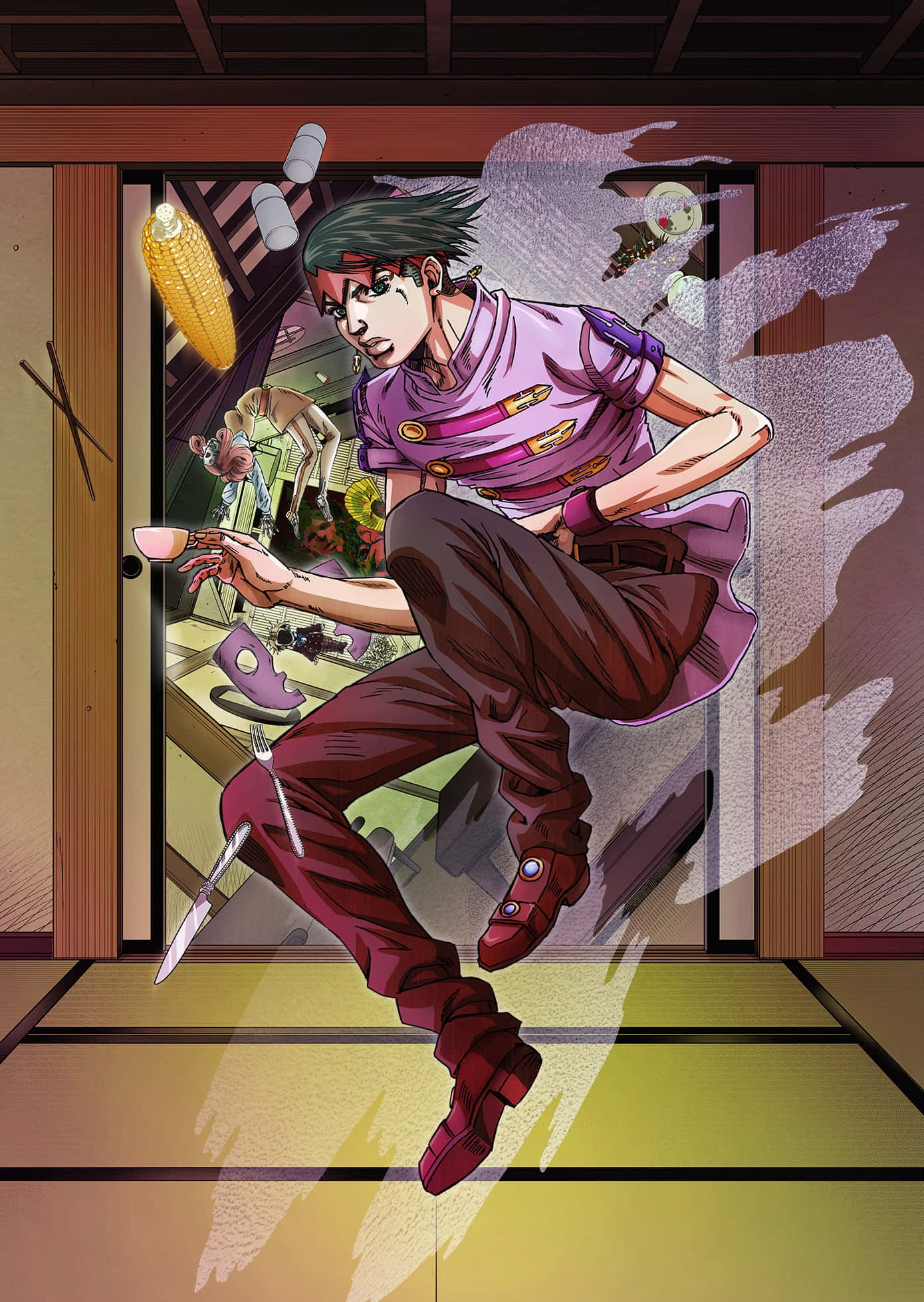 Rohan Kishibe, purple outfit, doorway, Full HD Phone Wallpaper