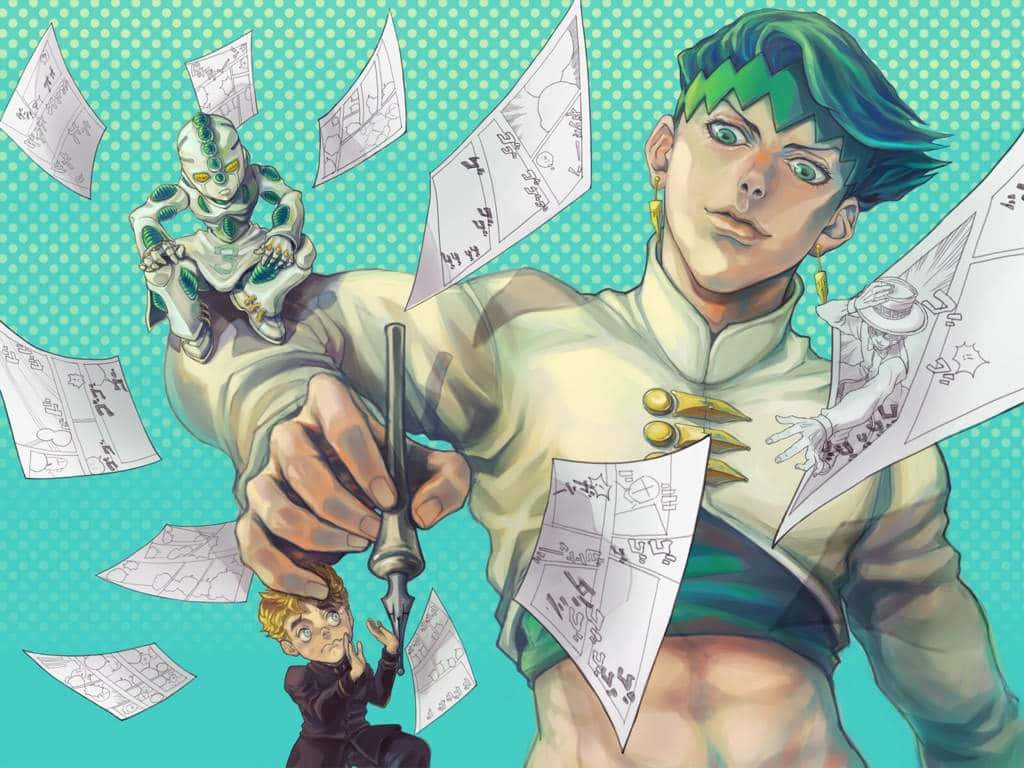 Rohan Kishibe, green-haired anime hero, pen, SD Desktop Wallpaper