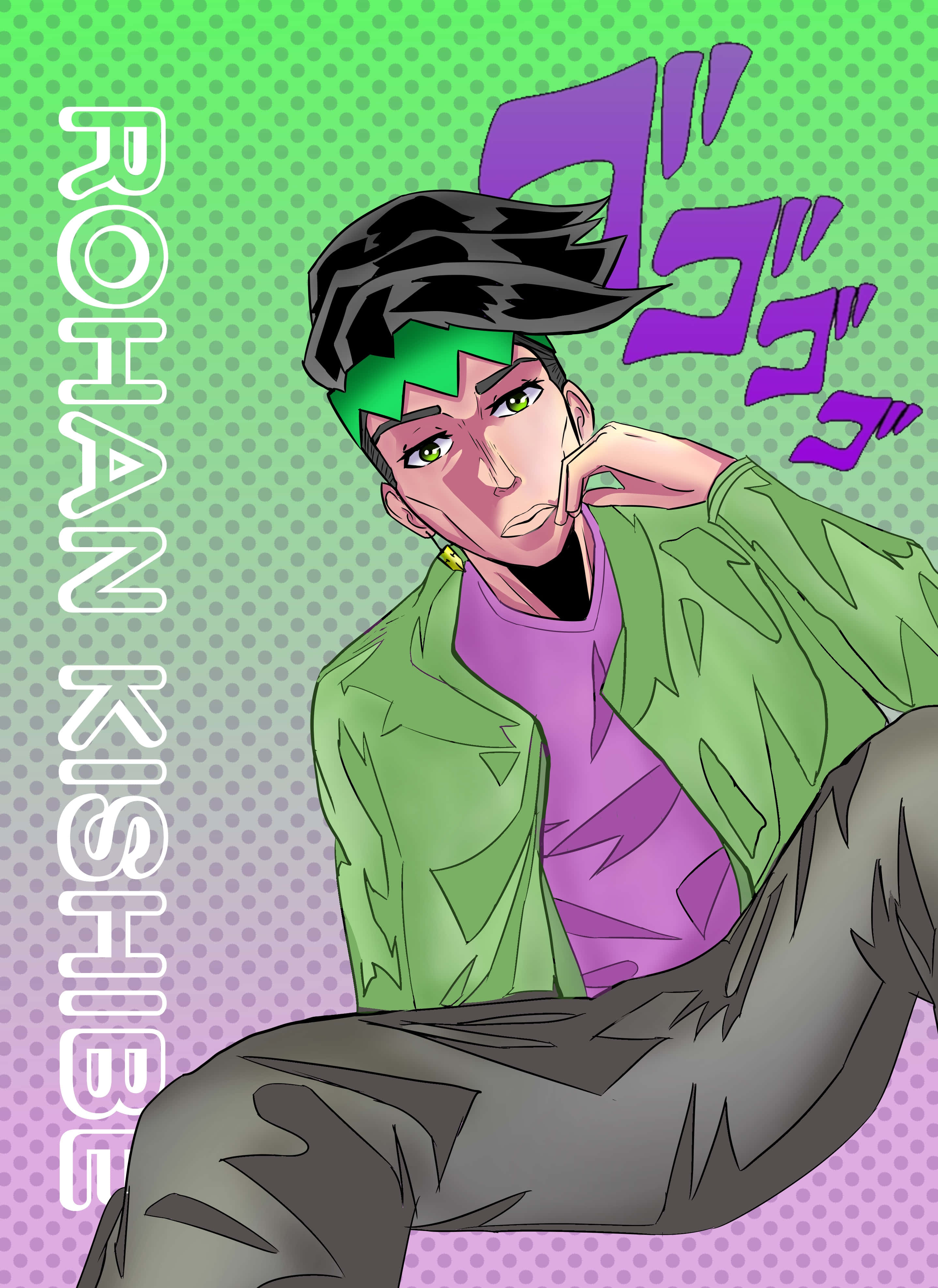 Rohan Kishibe, green hair, green and purple gradient background, 4K Phone Wallpaper