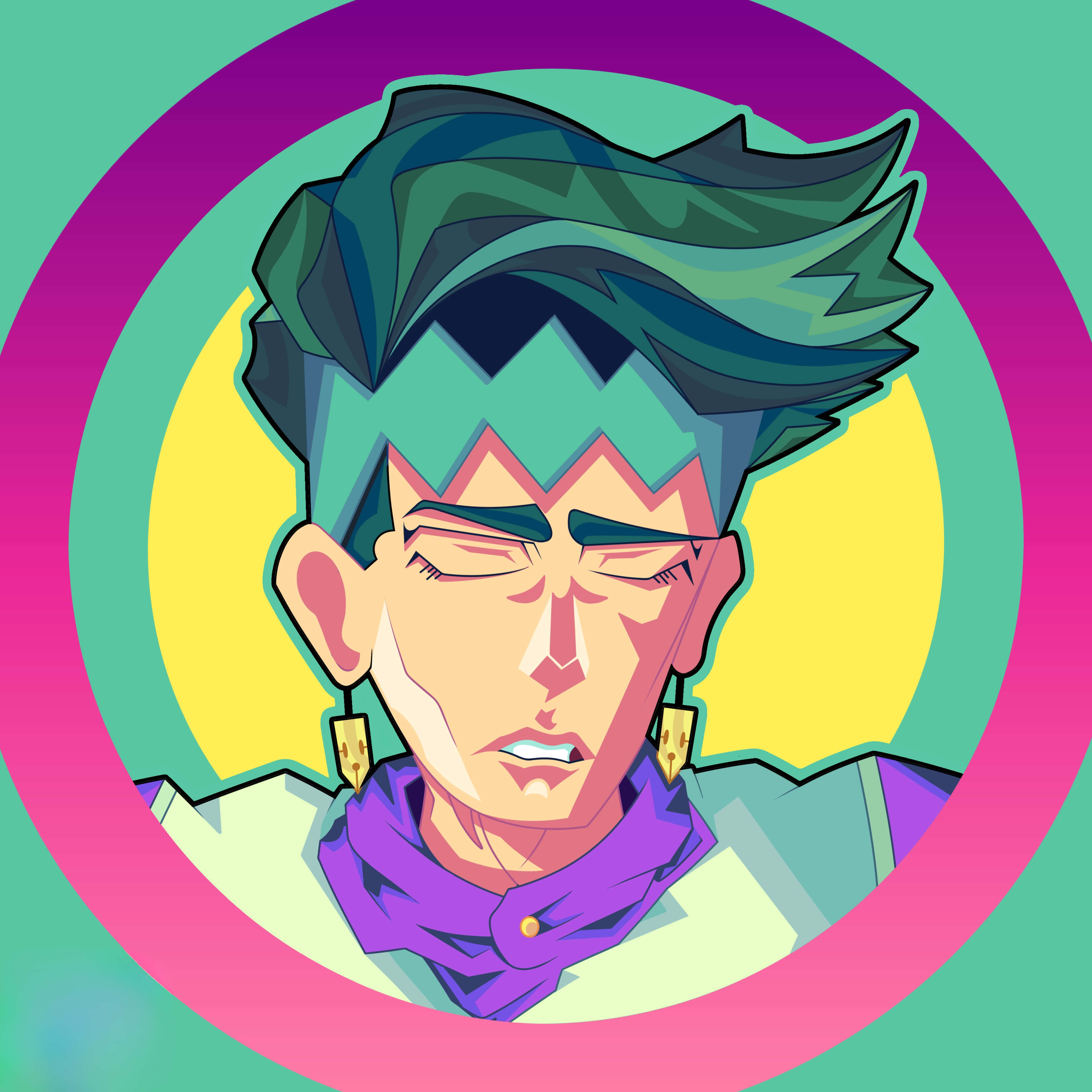 Rohan Kishibe, teal hair, purple scarf, 4K Desktop Wallpaper