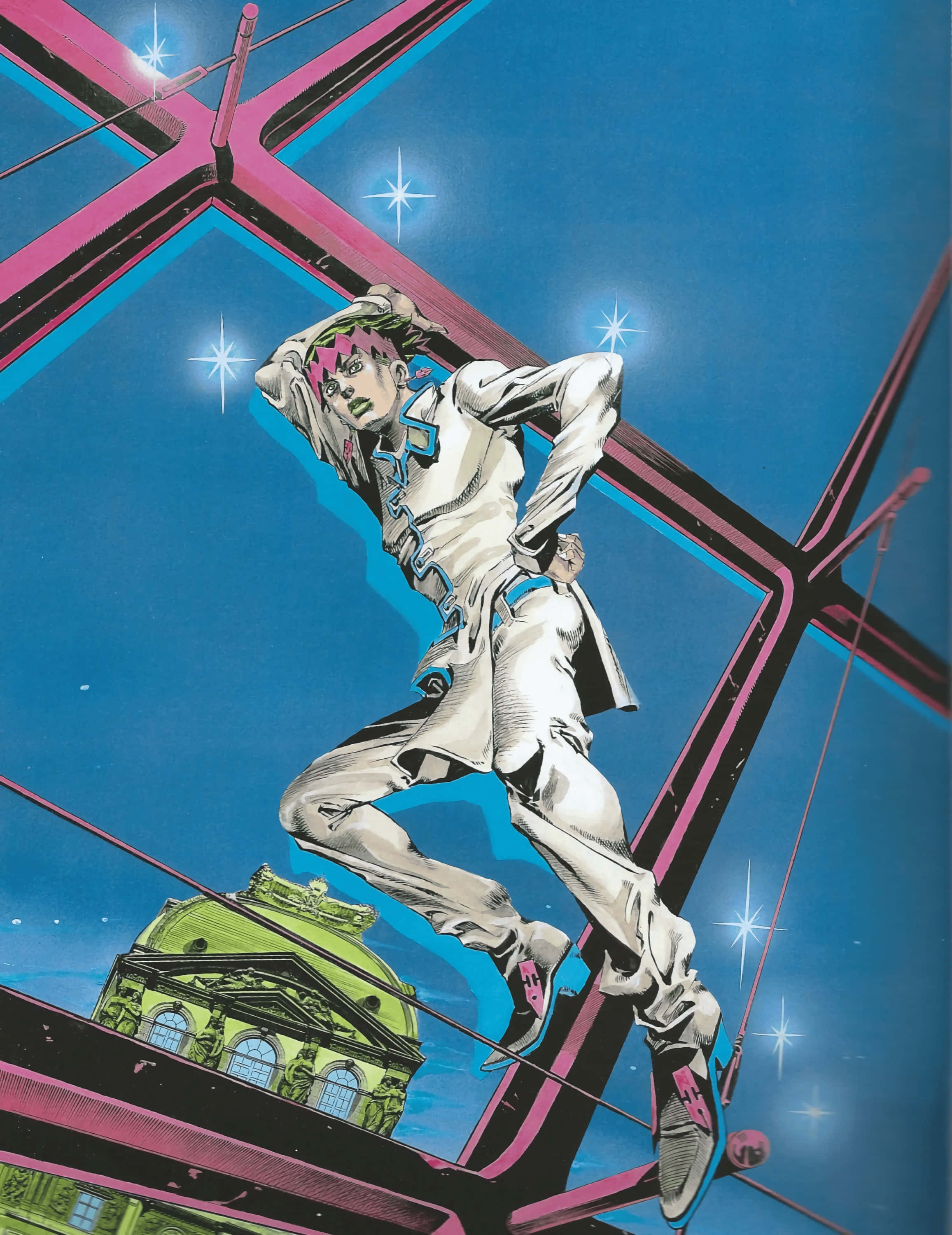 Rohan Kishibe, pink hair, neon pink beams, 2K Phone Wallpaper