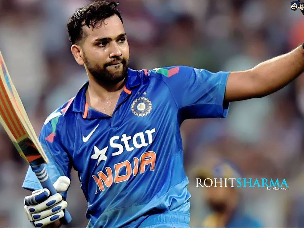 Rohit Sharma, blue India jersey, bat raised, SD Desktop Wallpaper
