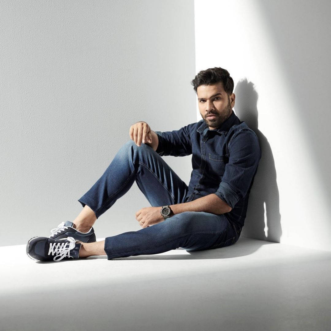 Rohit Sharma, denim, white wall, SD Desktop Wallpaper