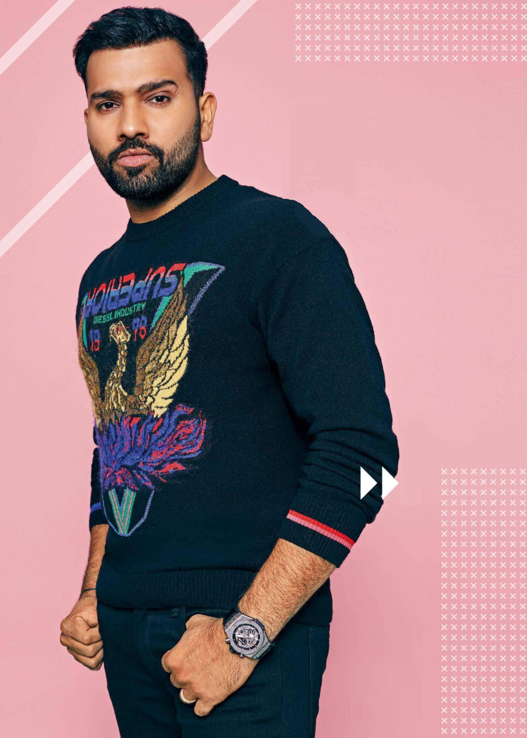 Rohit Sharma, black sweater, colorful eagle graphic, Full HD Phone Wallpaper