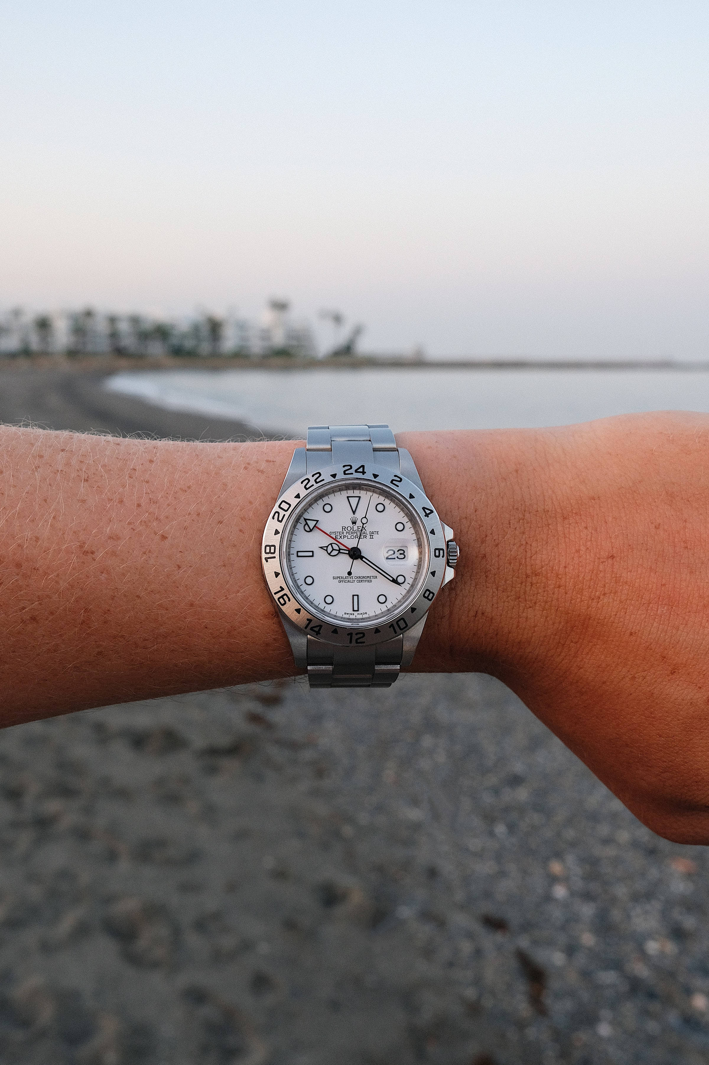 Rolex, silver, beach, 2K Phone Wallpaper