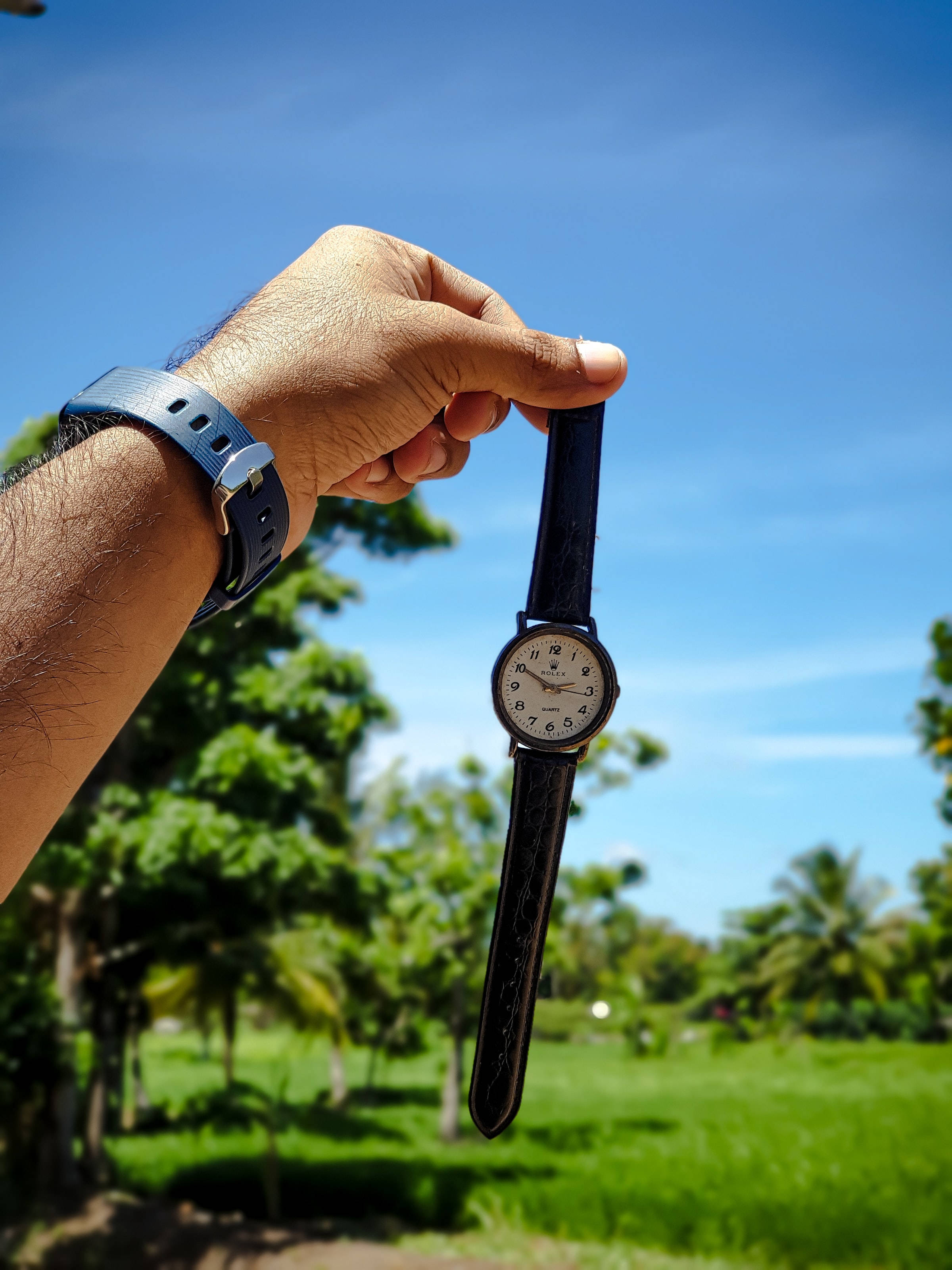 Rolex, classic analog watch, bright blue sky, 2K Phone Wallpaper