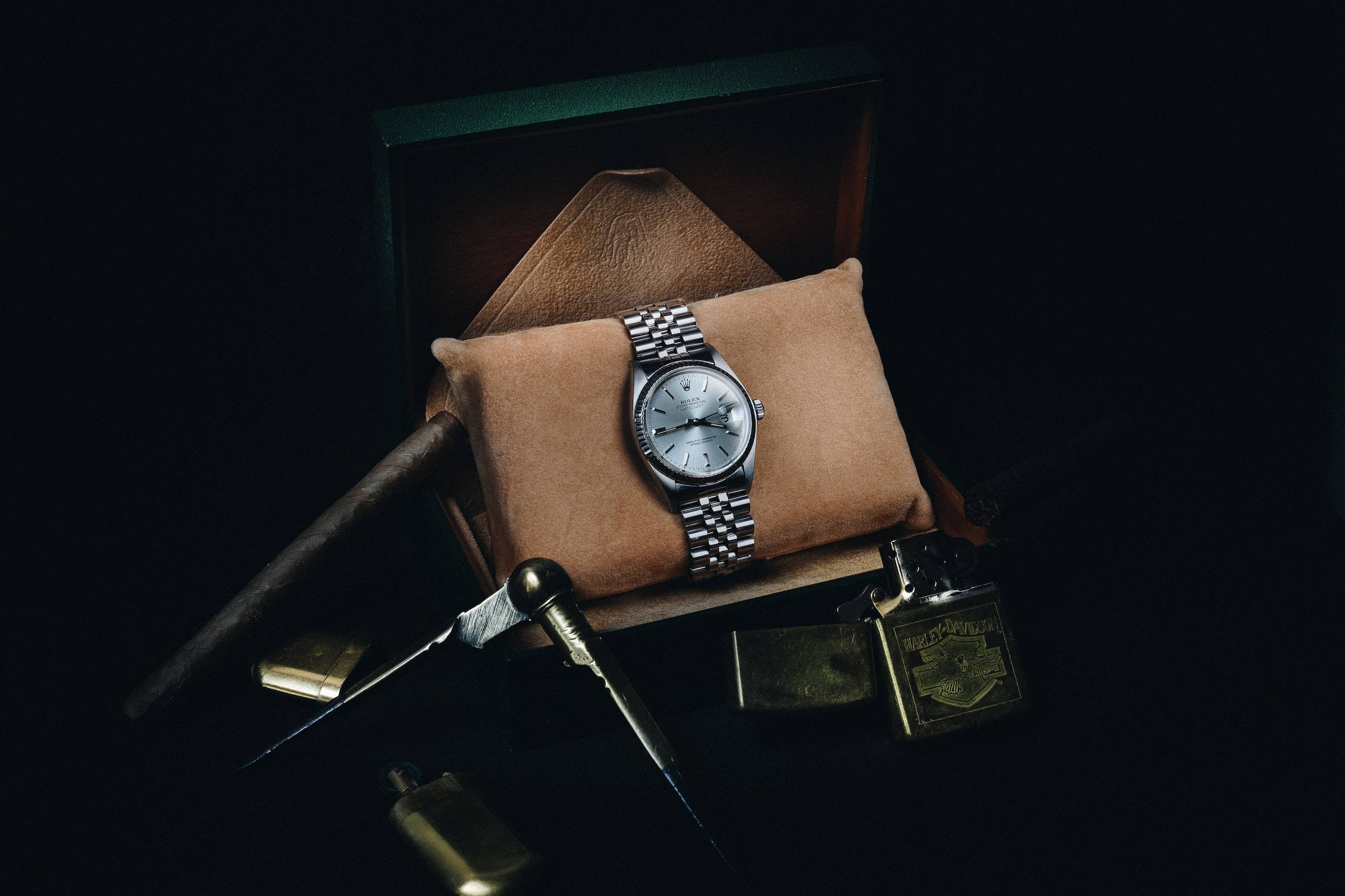 Rolex, silver watch, tan cushion, Full HD Desktop Wallpaper
