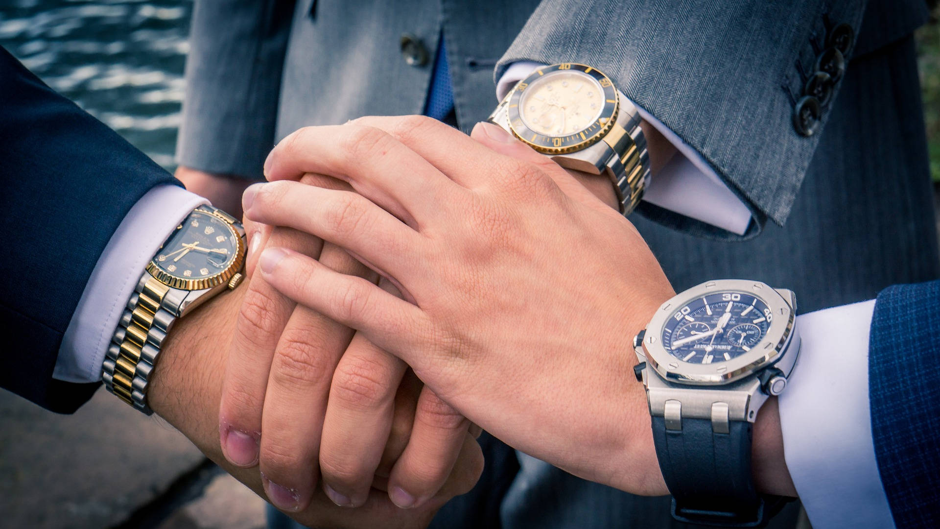 Rolex, gold and steel accents, three men in suits, Full HD Desktop Wallpaper