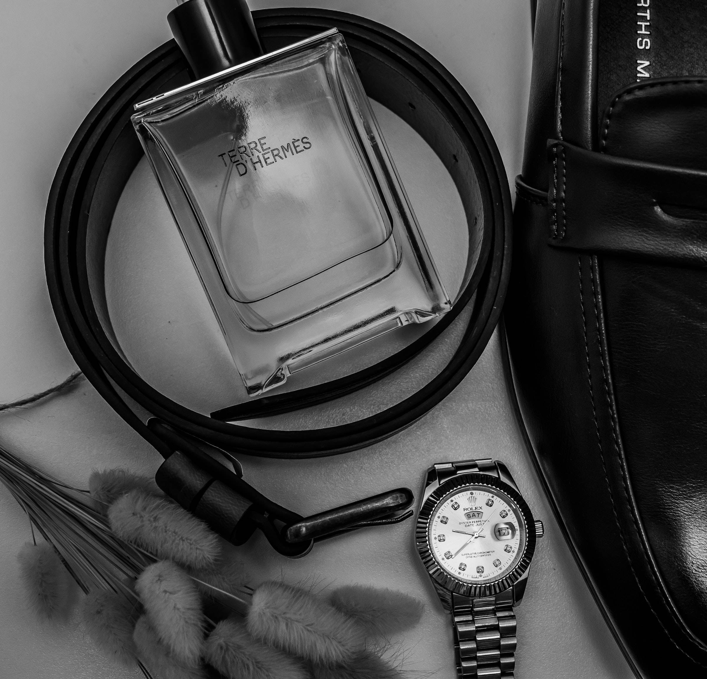 black aesthetic rolex, monochrome flat lay, perfume bottle, Full HD Desktop Wallpaper