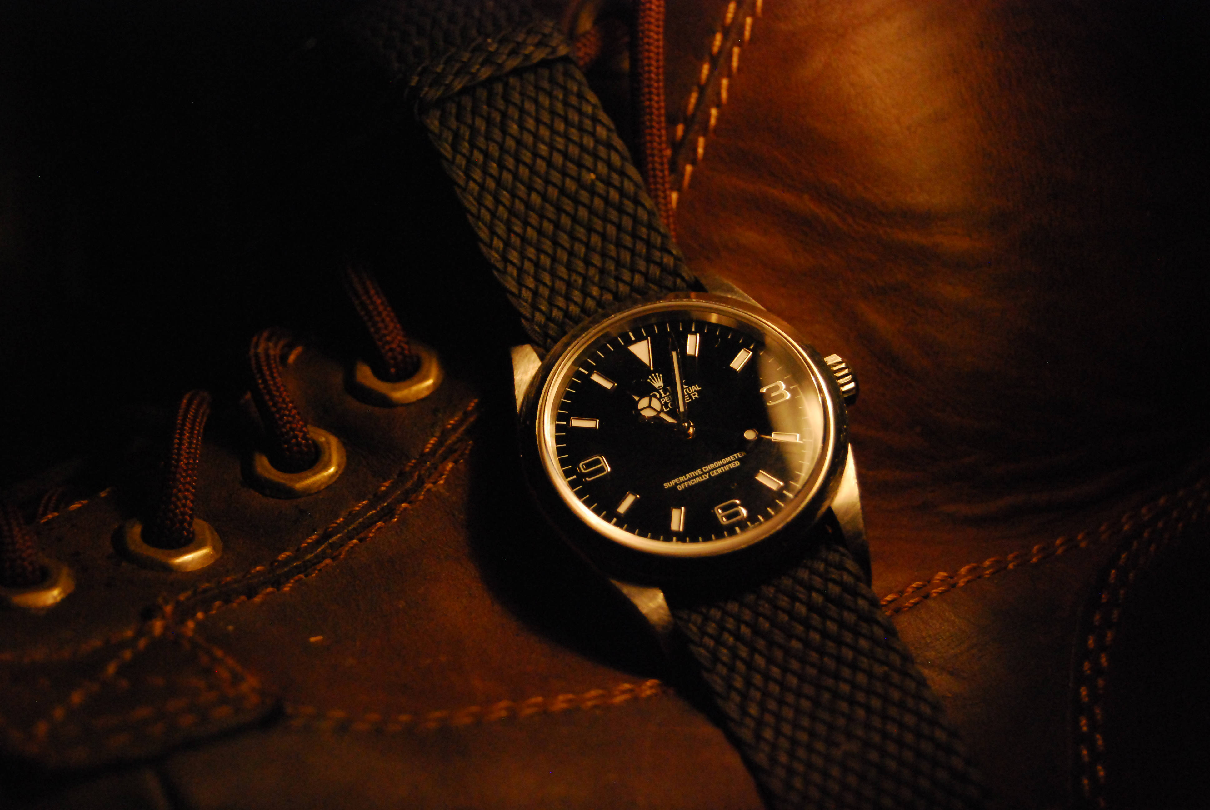 Rolex, black dial, textured brown leather boot, 4K Desktop Wallpaper