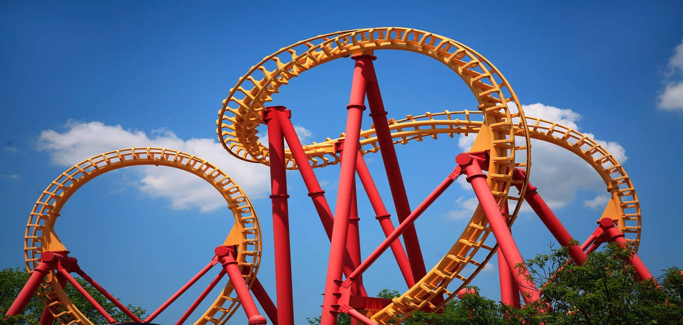 red roller coaster, yellow roller coaster, clear blue sky, HD Desktop Wallpaper