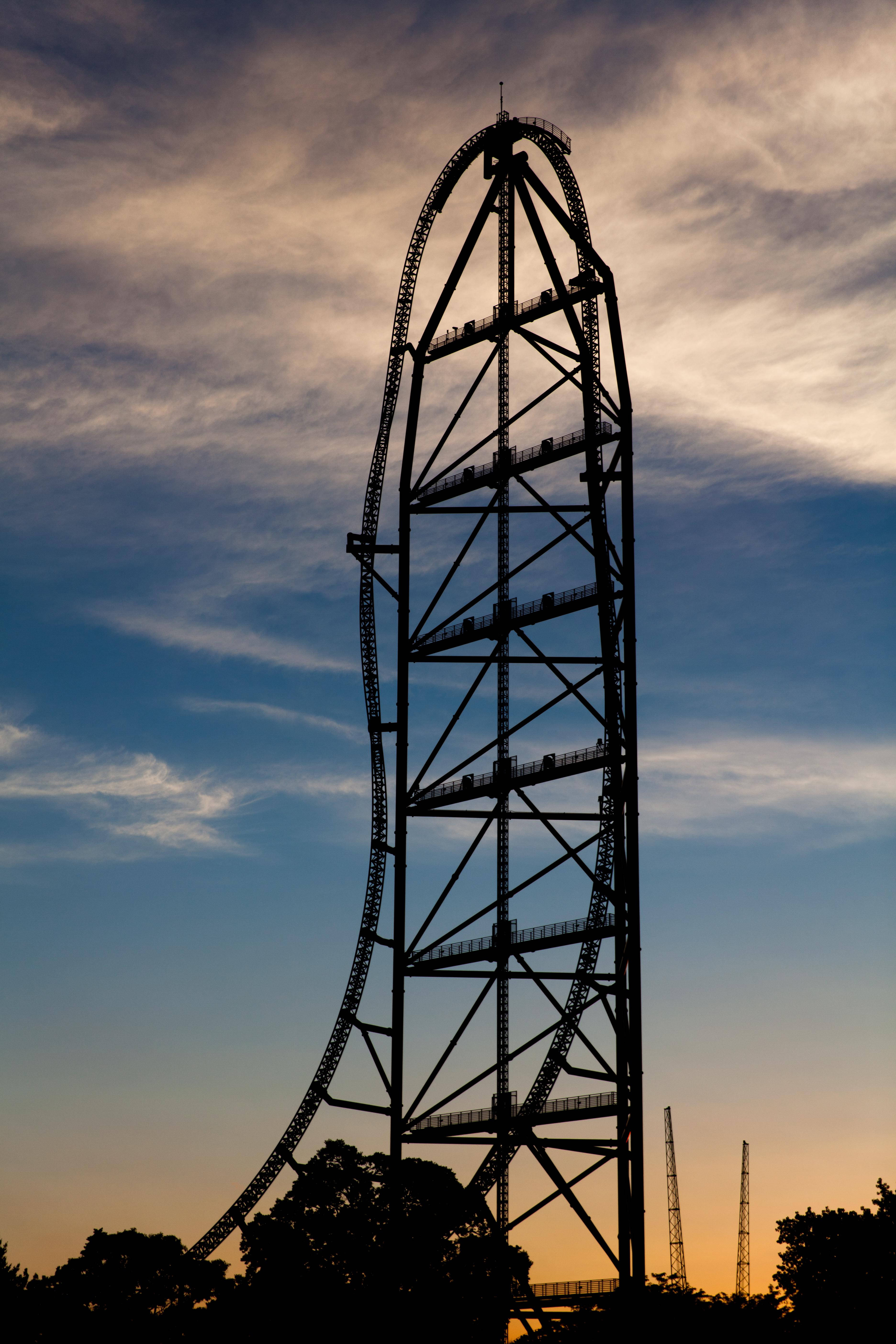 Roller Coaster, twilight sky, orange and blue clouds, 5K Phone Wallpaper