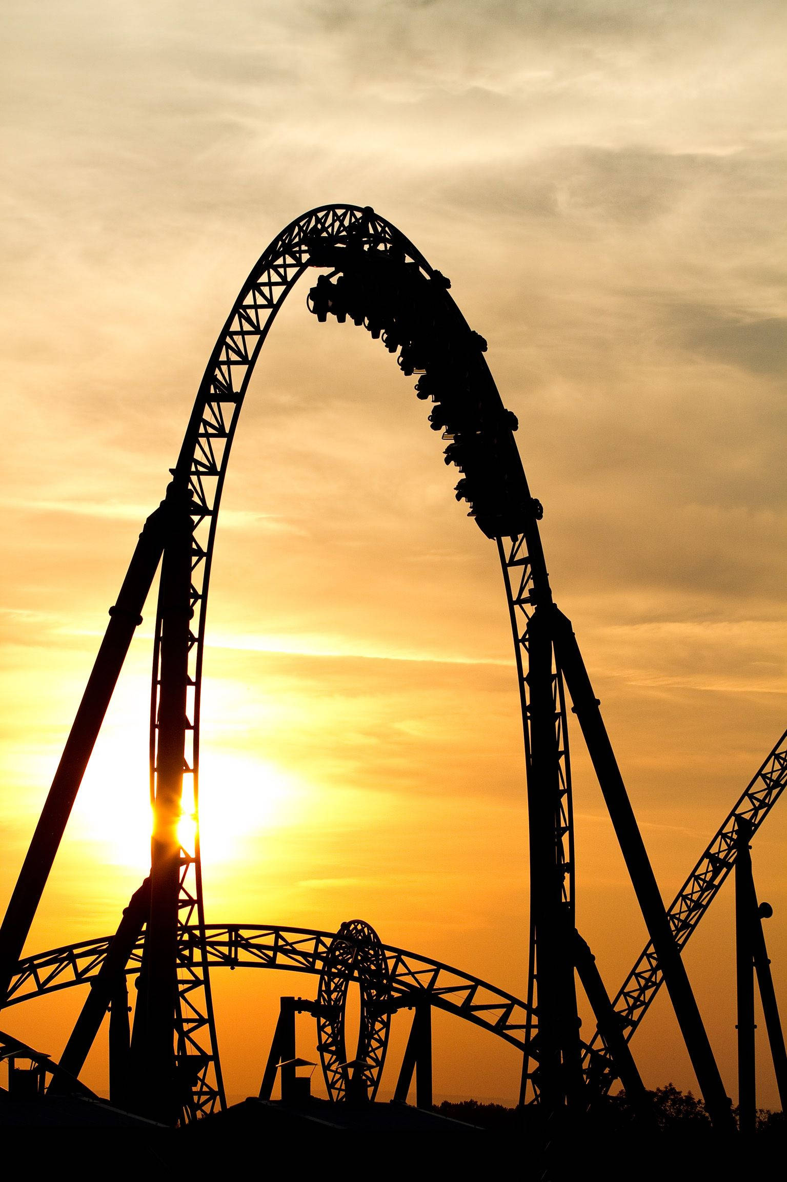 roller coaster, arching railway, golden sunset sky, Full HD Phone Wallpaper