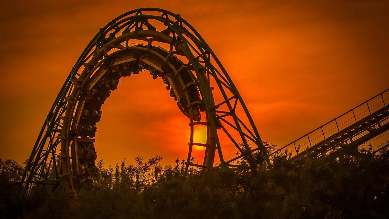 roller coaster, sunset, fiery orange sunset sky, HD Desktop Wallpaper
