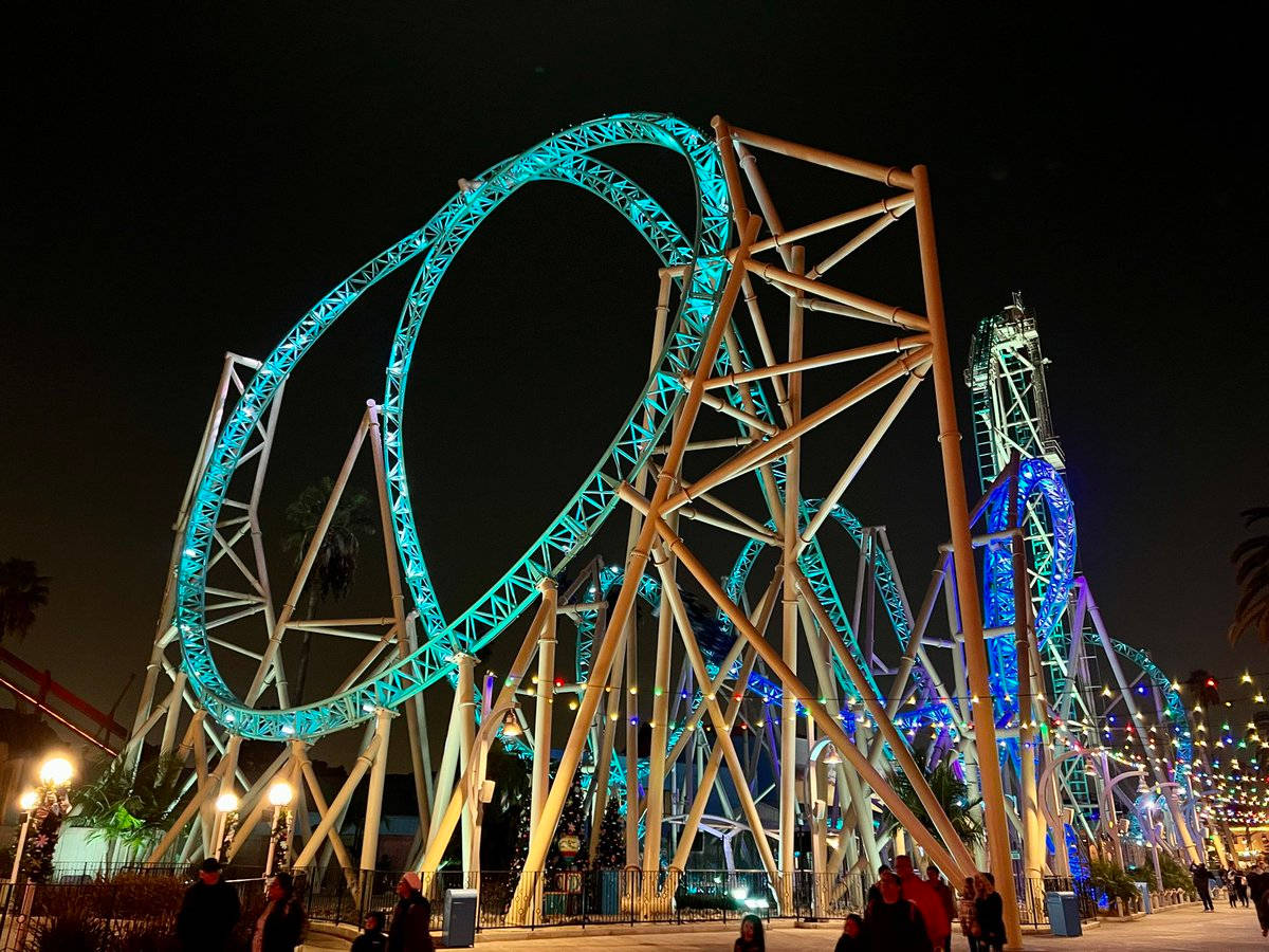 roller coaster, teal light, nighttime amusement park, SD Desktop Wallpaper