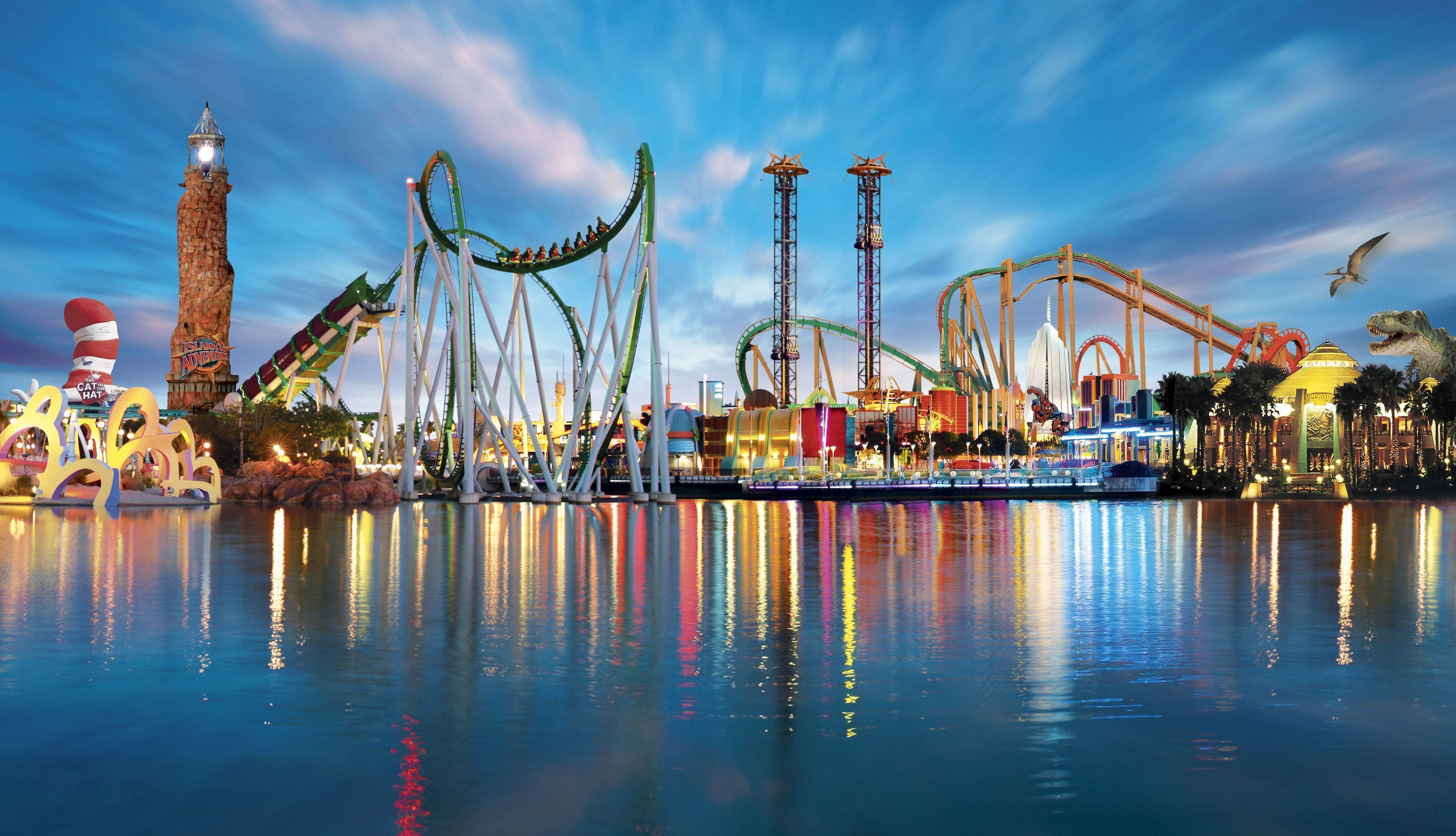 roller coaster, lagoon, twilight, 2K Desktop Wallpaper