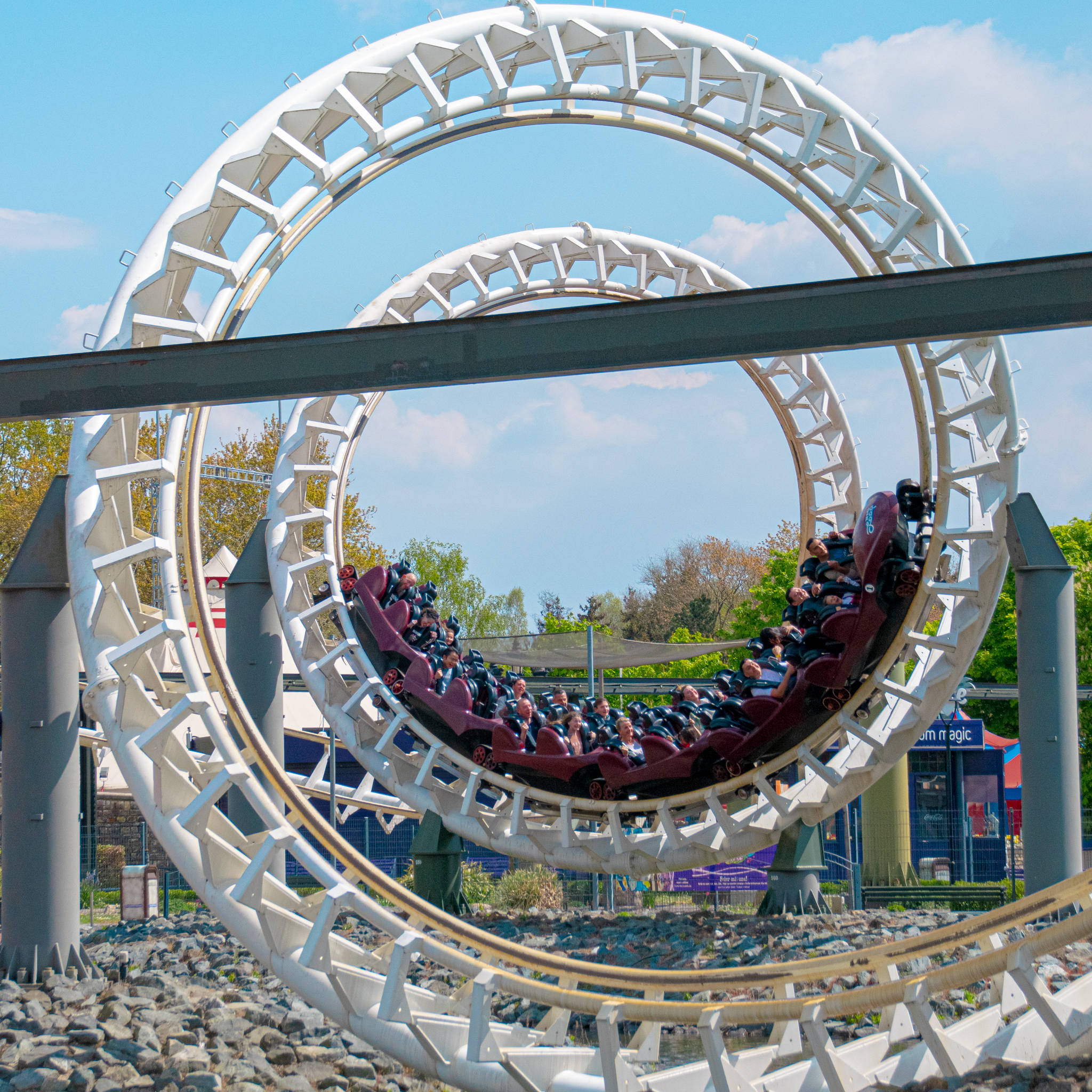 roller coaster, spiral railway, maroon train, Full HD Desktop Wallpaper