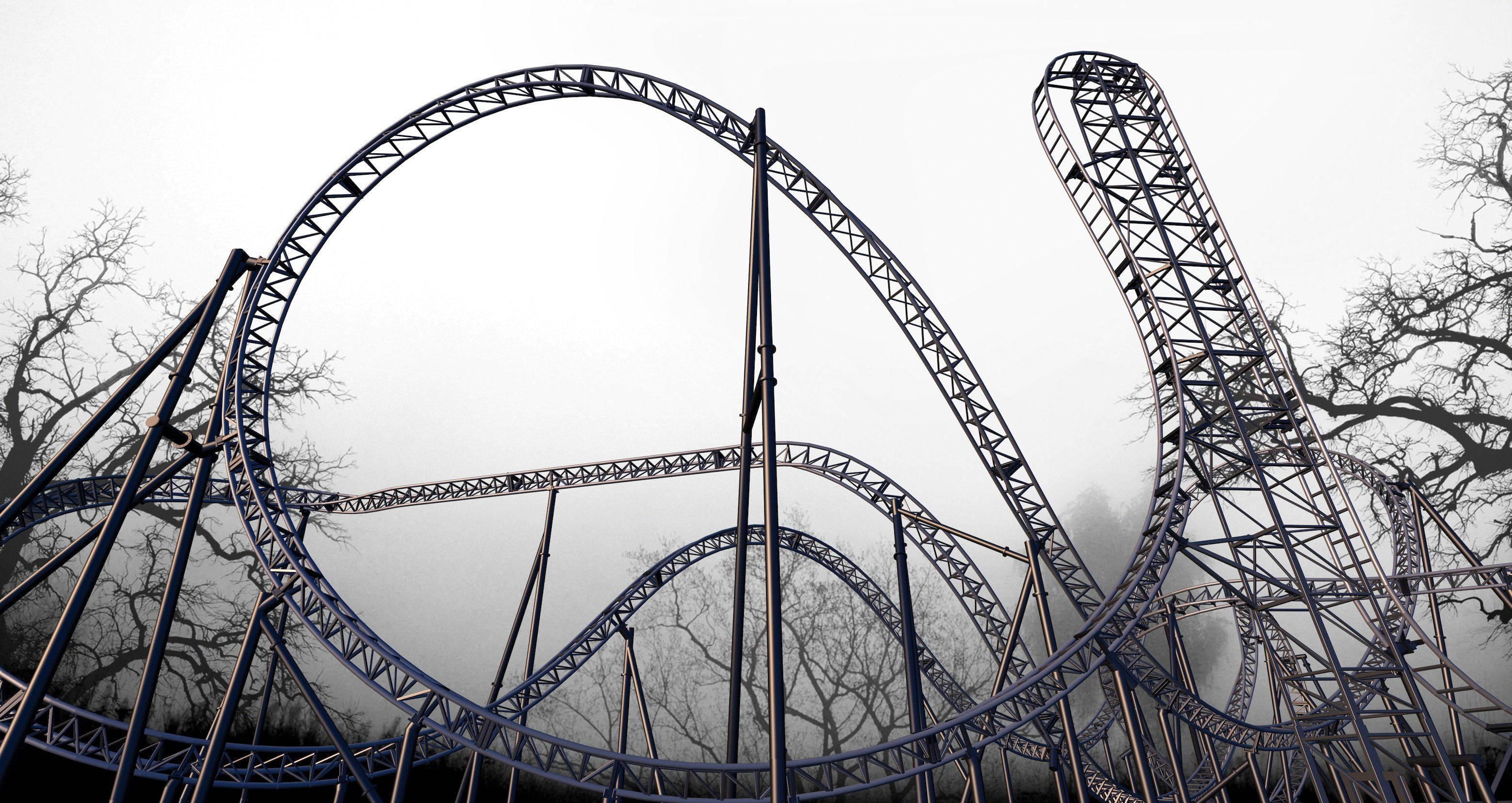 Roller Coaster, eerie dead trees, misty air, 2K Desktop Wallpaper