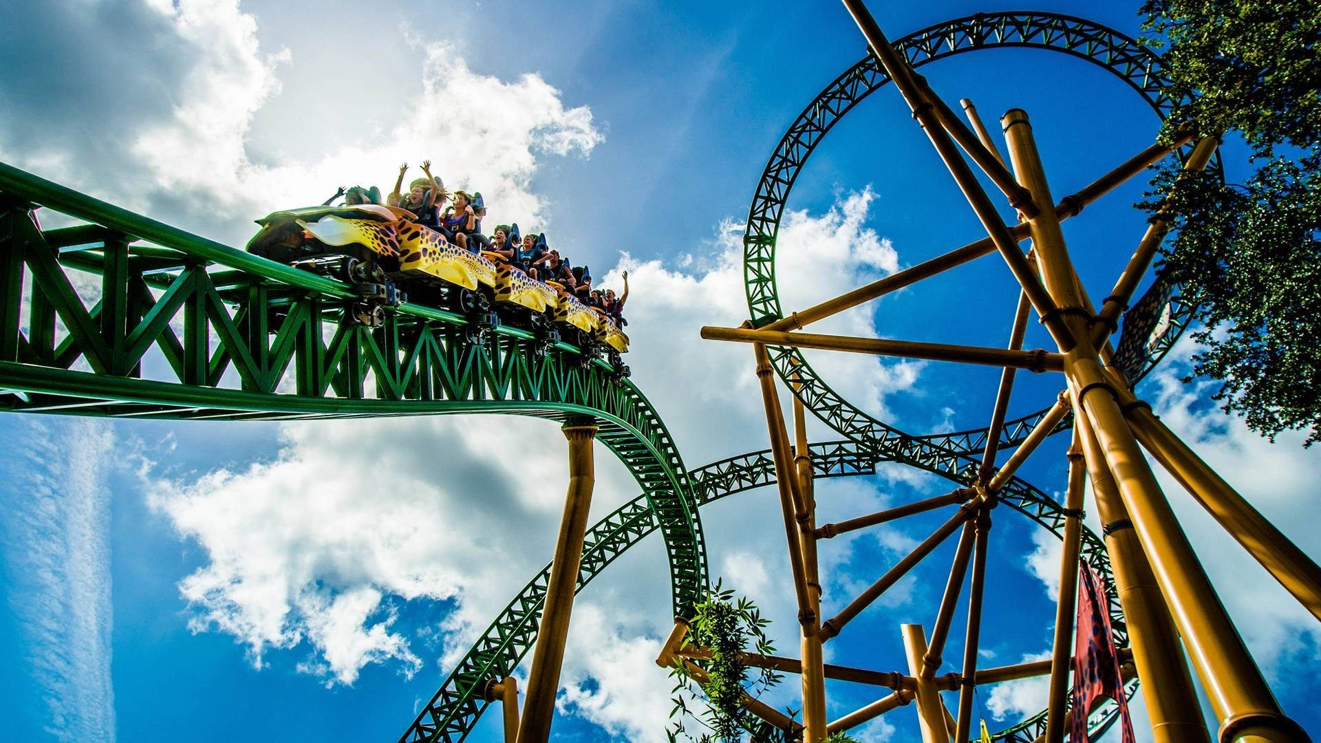 roller coaster wagon, yellow roller coaster car, green track, Full HD Desktop Wallpaper