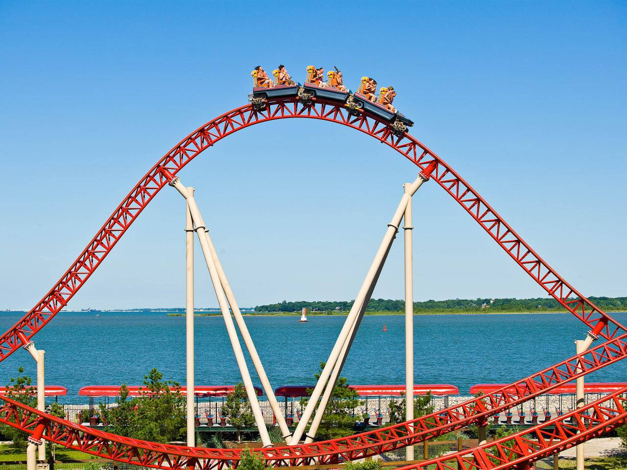 roller coaster, semi curved railway, red, HD Desktop Wallpaper