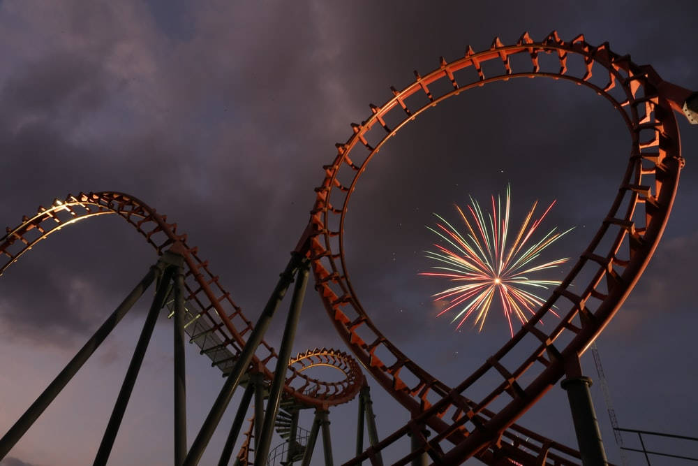 Roller Coaster, Firework, twilight sky, SD Desktop Wallpaper