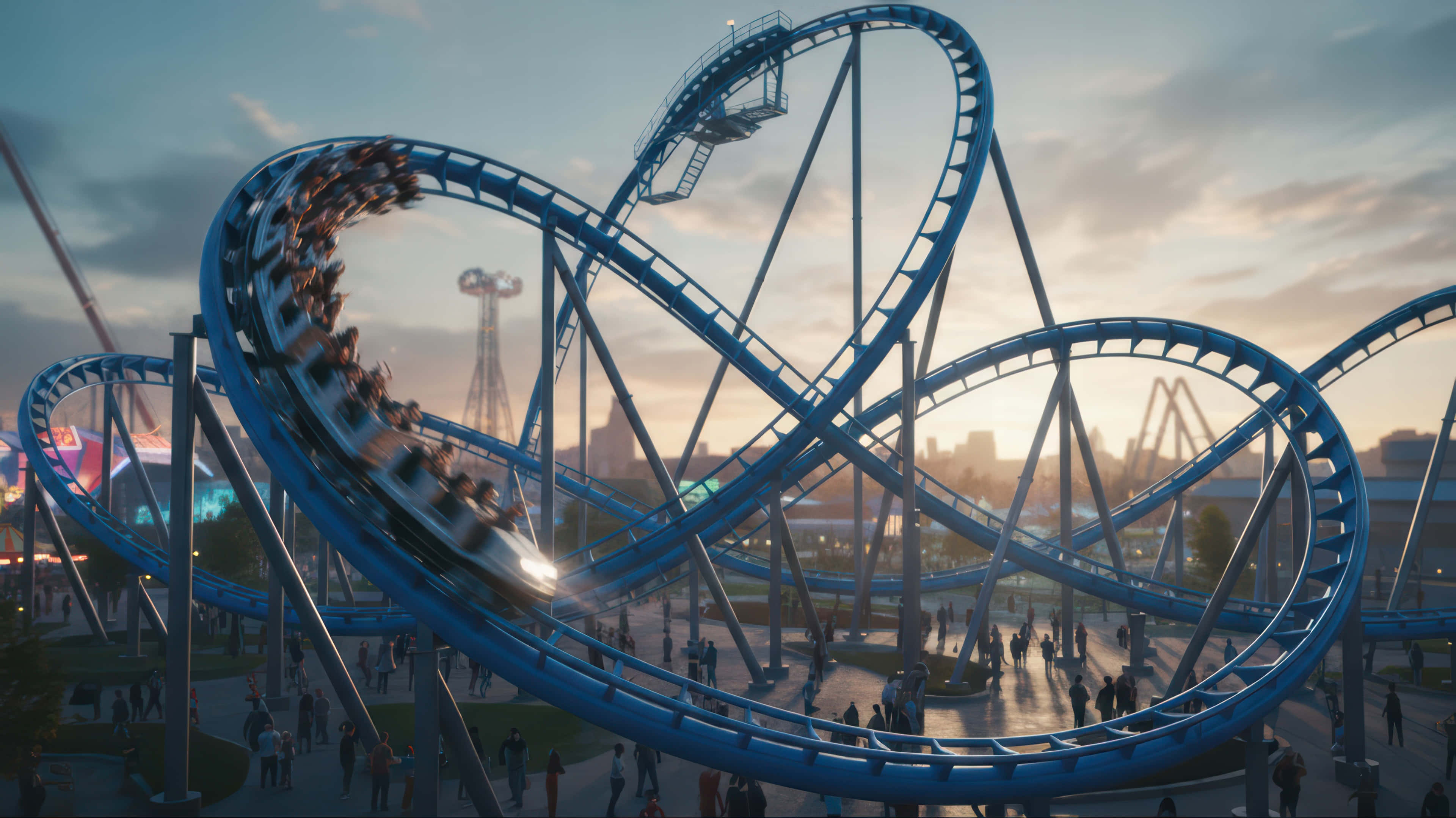blue roller coaster, amusement park, sunset, 4K Desktop Wallpaper