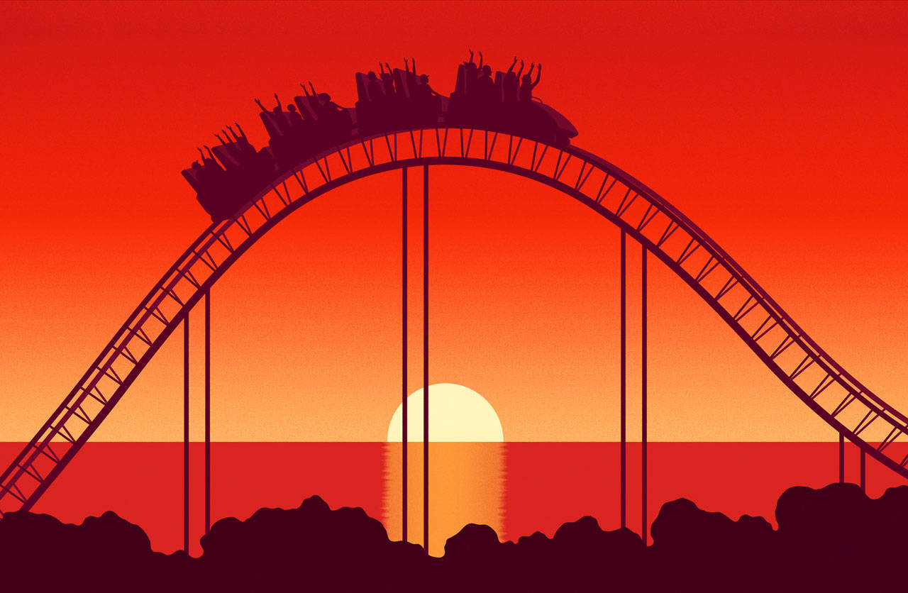 roller coaster, setting sun, vibrant red orange gradients, HD Desktop Wallpaper
