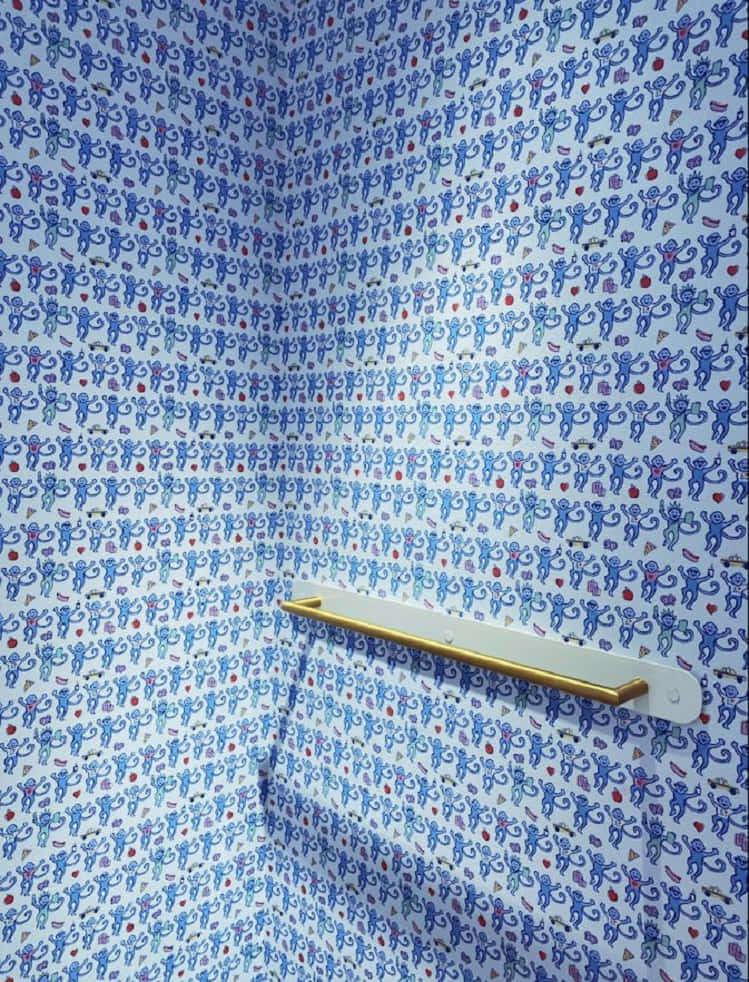 Roller Rabbit, blue monkey-patterned wallpaper, gold towel bar, SD Phone Wallpaper