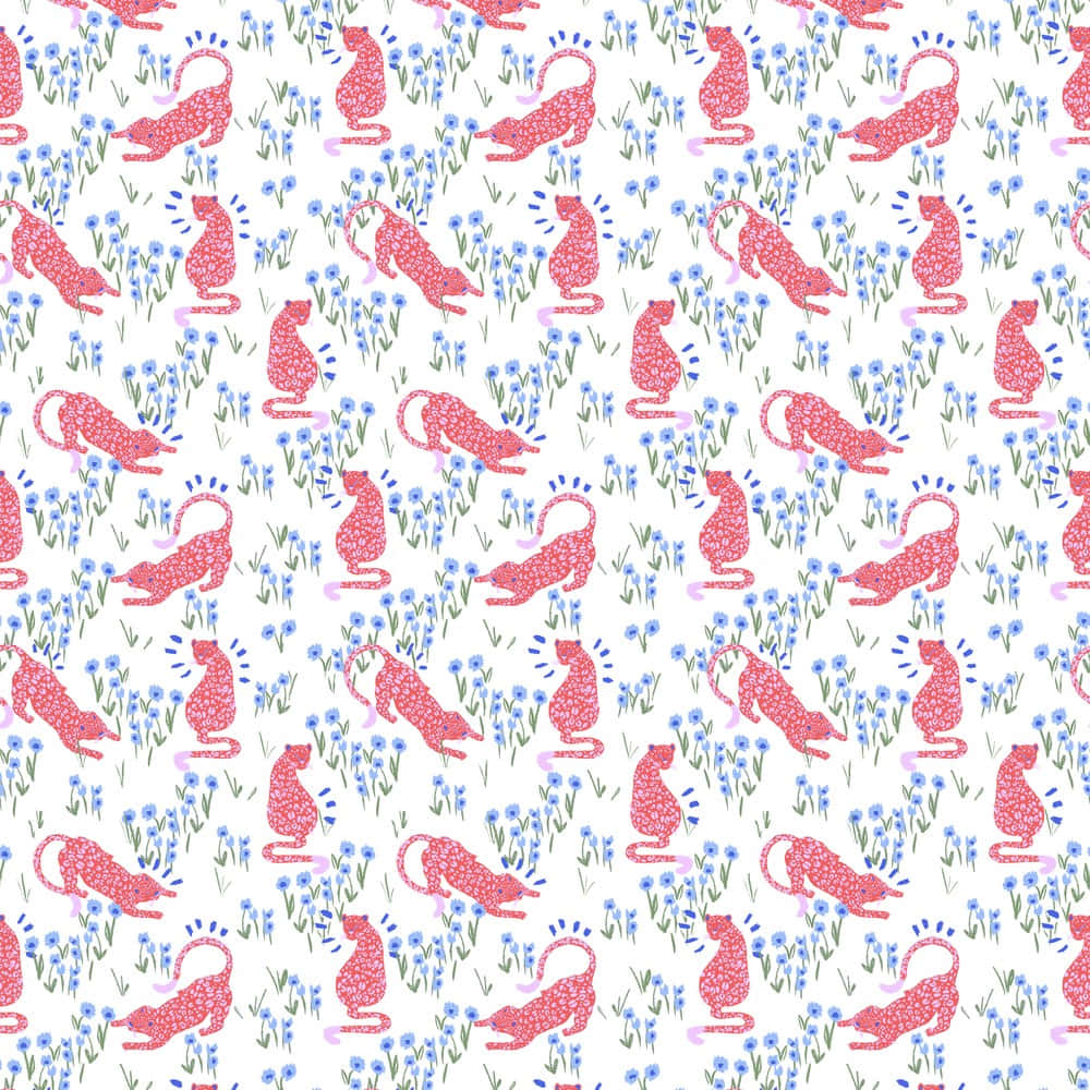 Roller Rabbit, pink dotted cats, blue flowers, SD Desktop Wallpaper