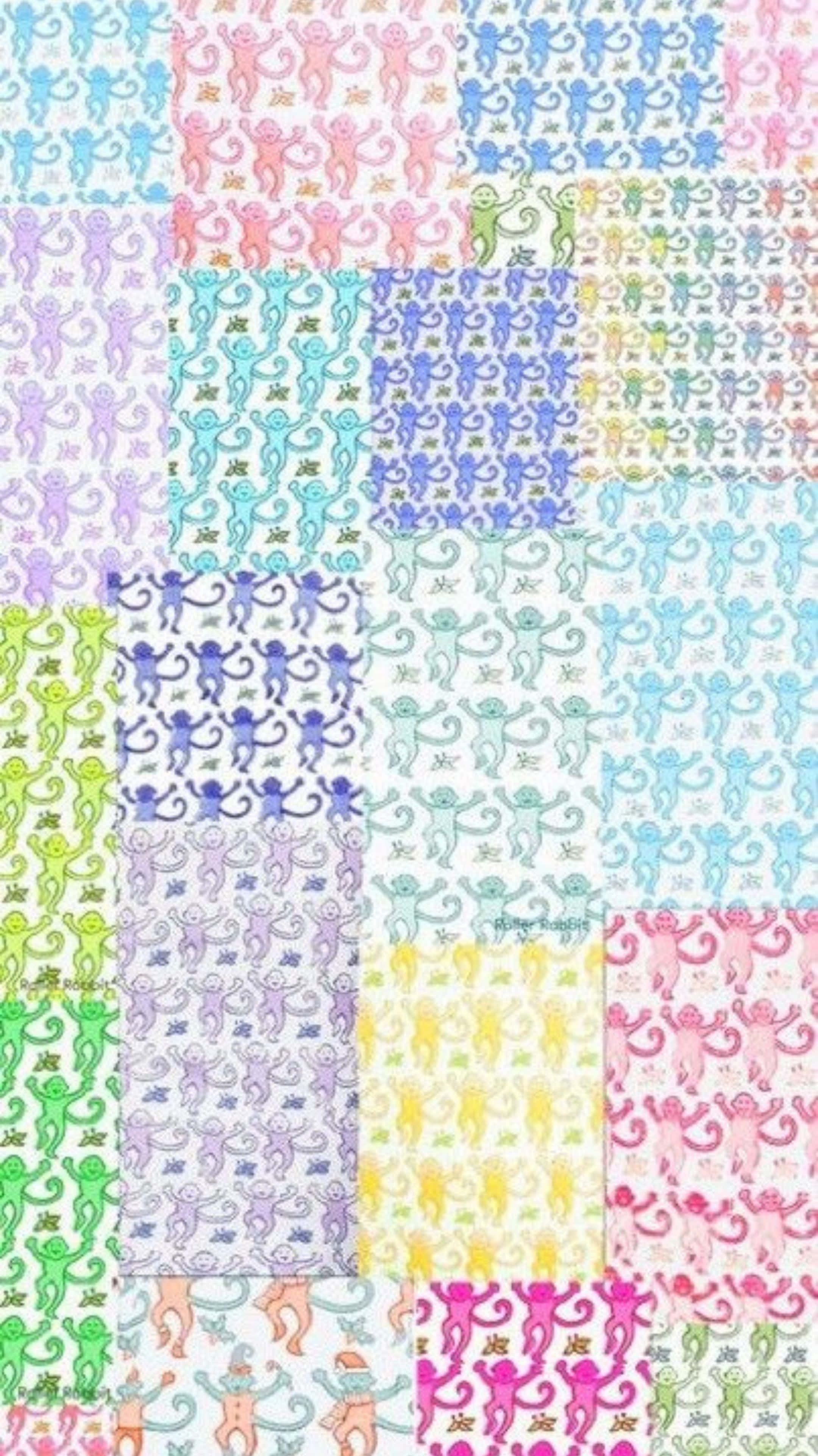 Colorful Preppy Roller Rabbit Patterns, cartoon monkeys, pastel hues, 4K Phone Wallpaper