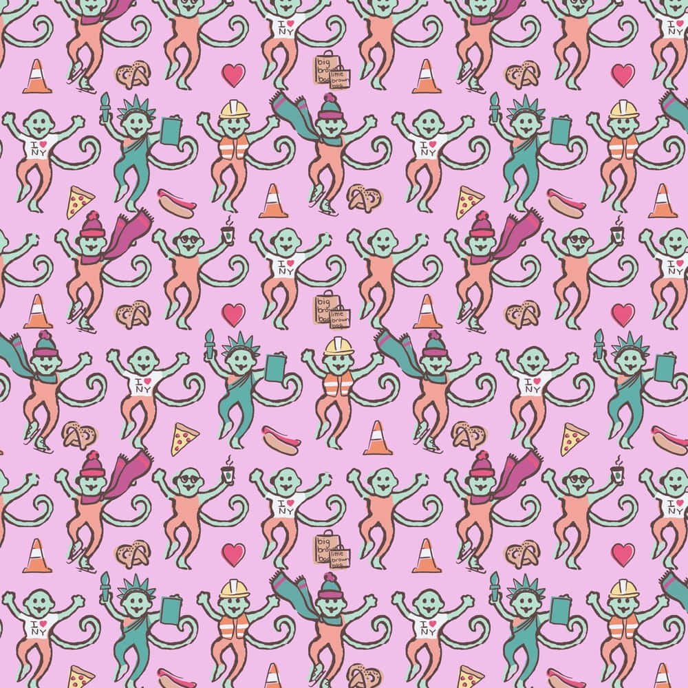 Playful Monkeys Pattern, NYC-themed outfits, pink background, SD Desktop Wallpaper