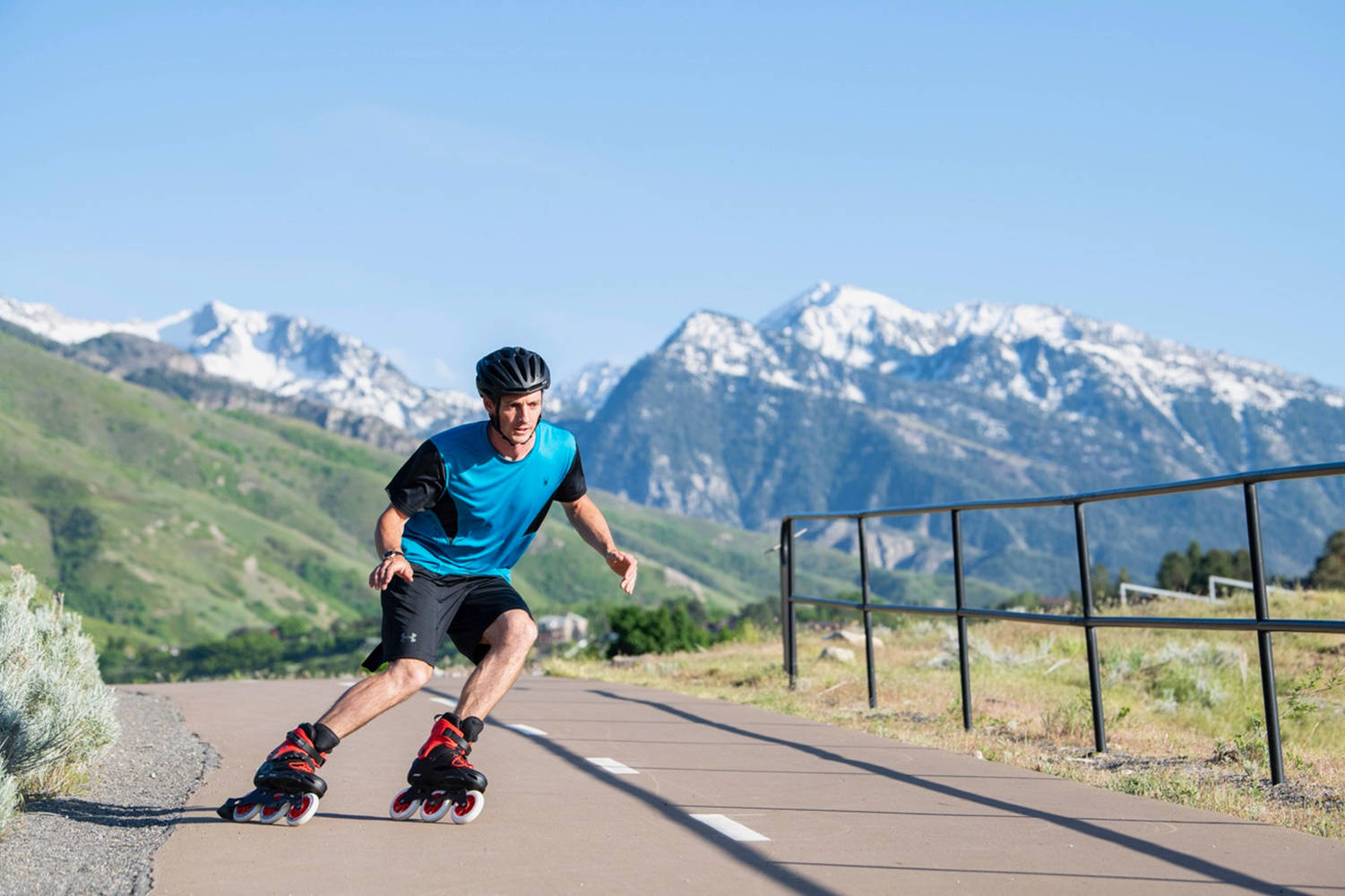 blue shirt, helmet, paved path, HD Desktop Wallpaper
