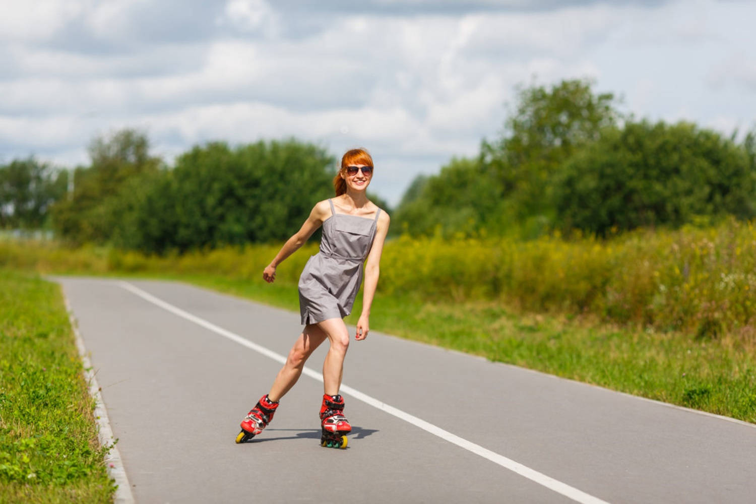 girl, rollerblading, country road, HD Desktop Wallpaper