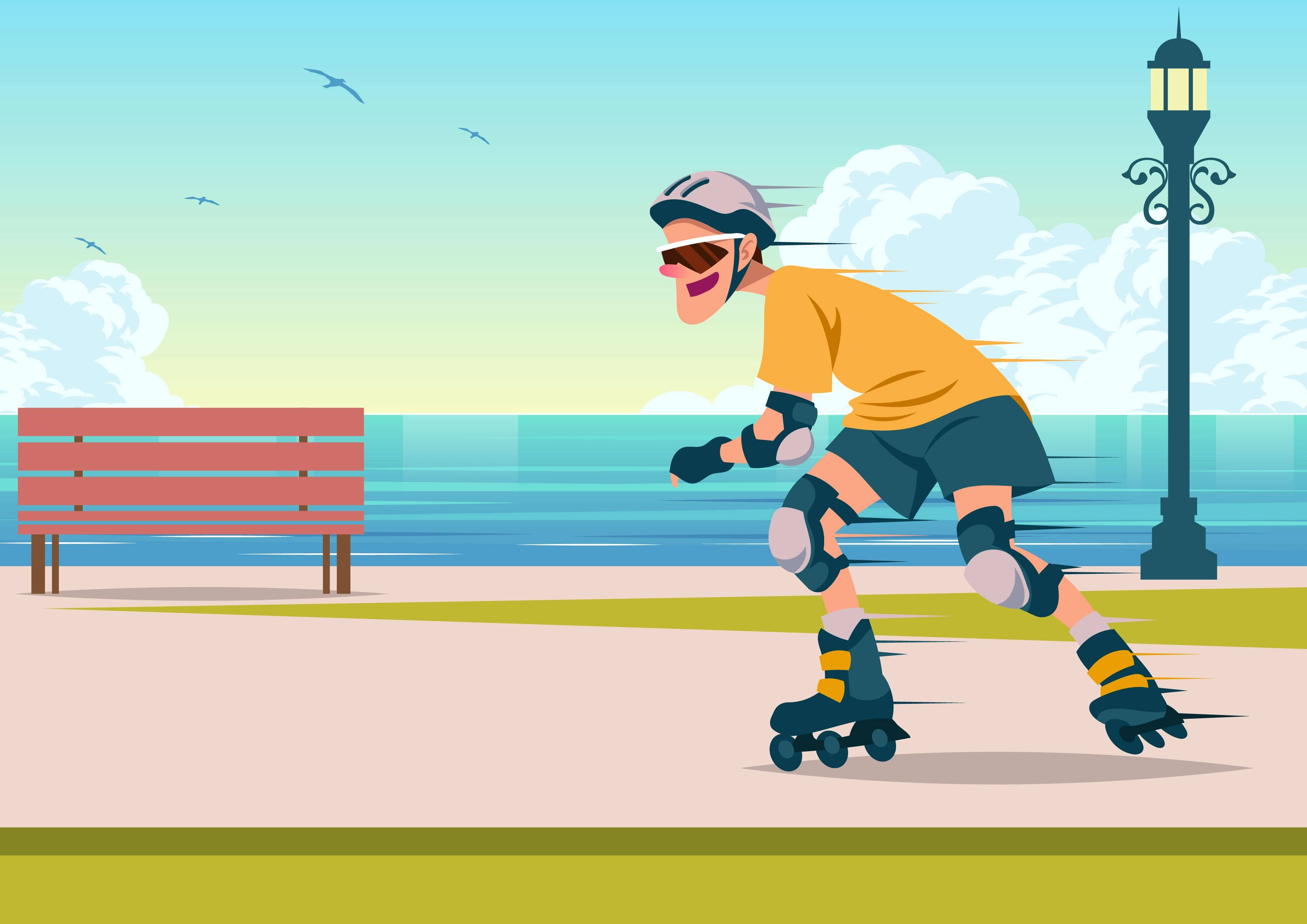 rollerblader, protective gear, seaside promenade, 2K Desktop Wallpaper