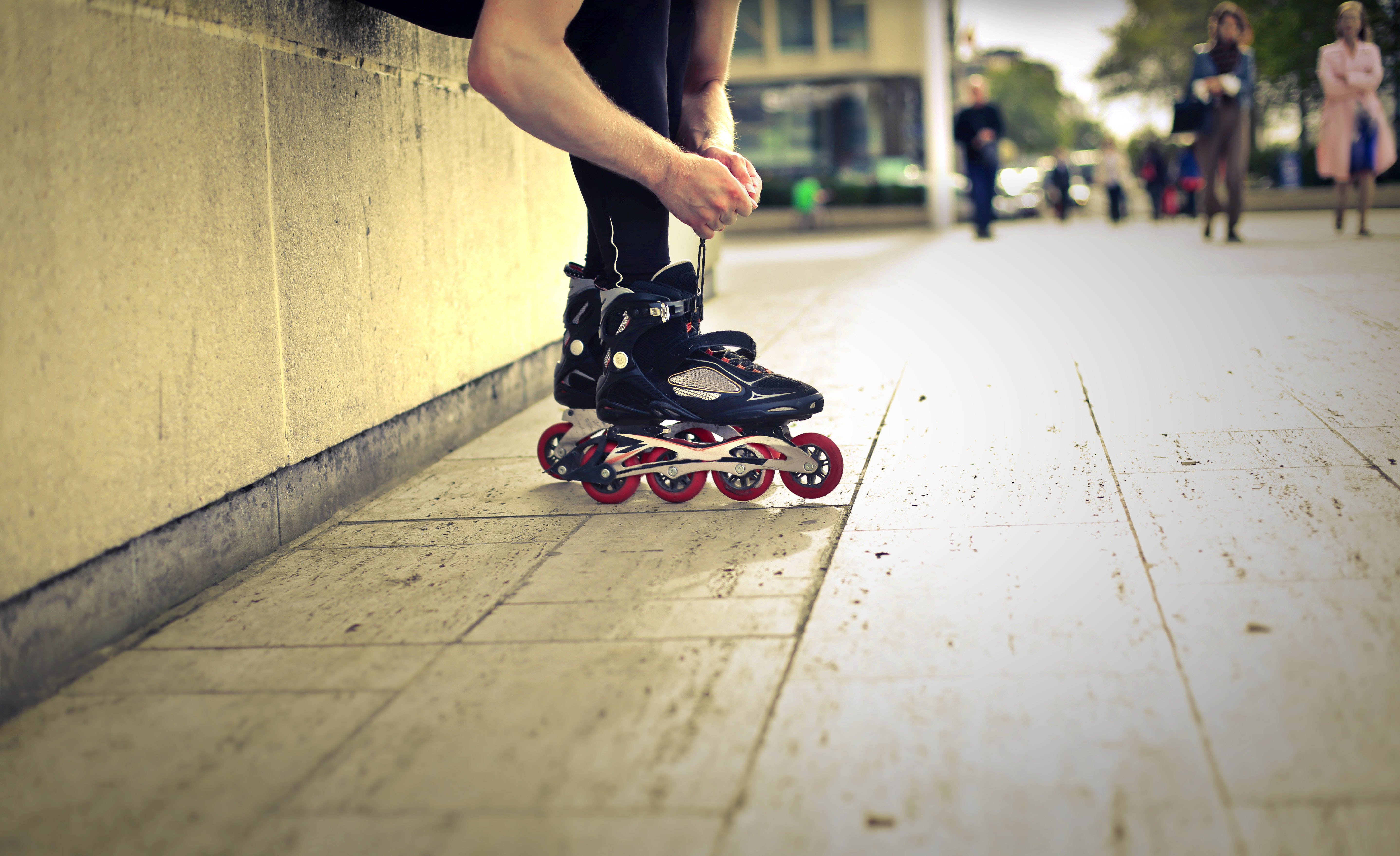 black leggings, inline skates, red wheels, 5K Desktop Wallpaper